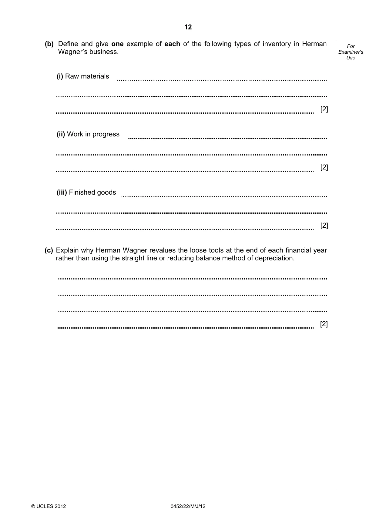 Cambridge IGCSE Accounting 0452 2012 May/June Paper 2 · Variant 2 question paper, page 12 of 20