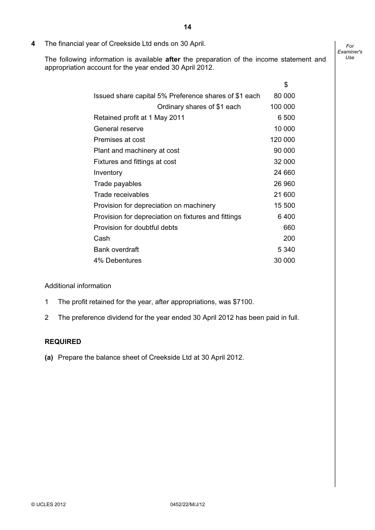 Cambridge IGCSE Accounting 0452 2012 May/June Paper 2 · Variant 2 question paper, page 14 of 20