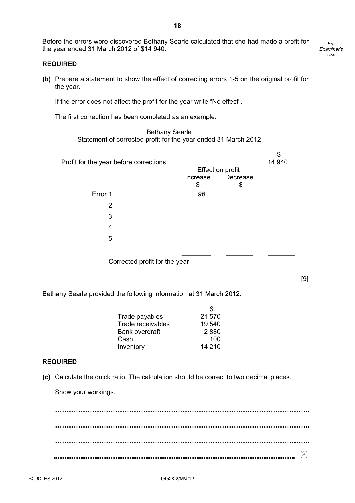 Cambridge IGCSE Accounting 0452 2012 May/June Paper 2 · Variant 2 question paper, page 18 of 20