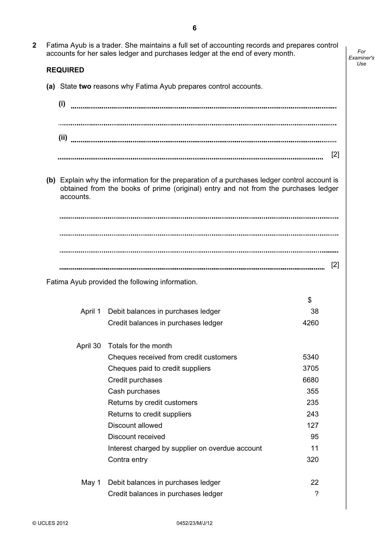 Cambridge IGCSE Accounting 0452 2012 May/June Paper 2 · Variant 3 question paper, page 6 of 20
