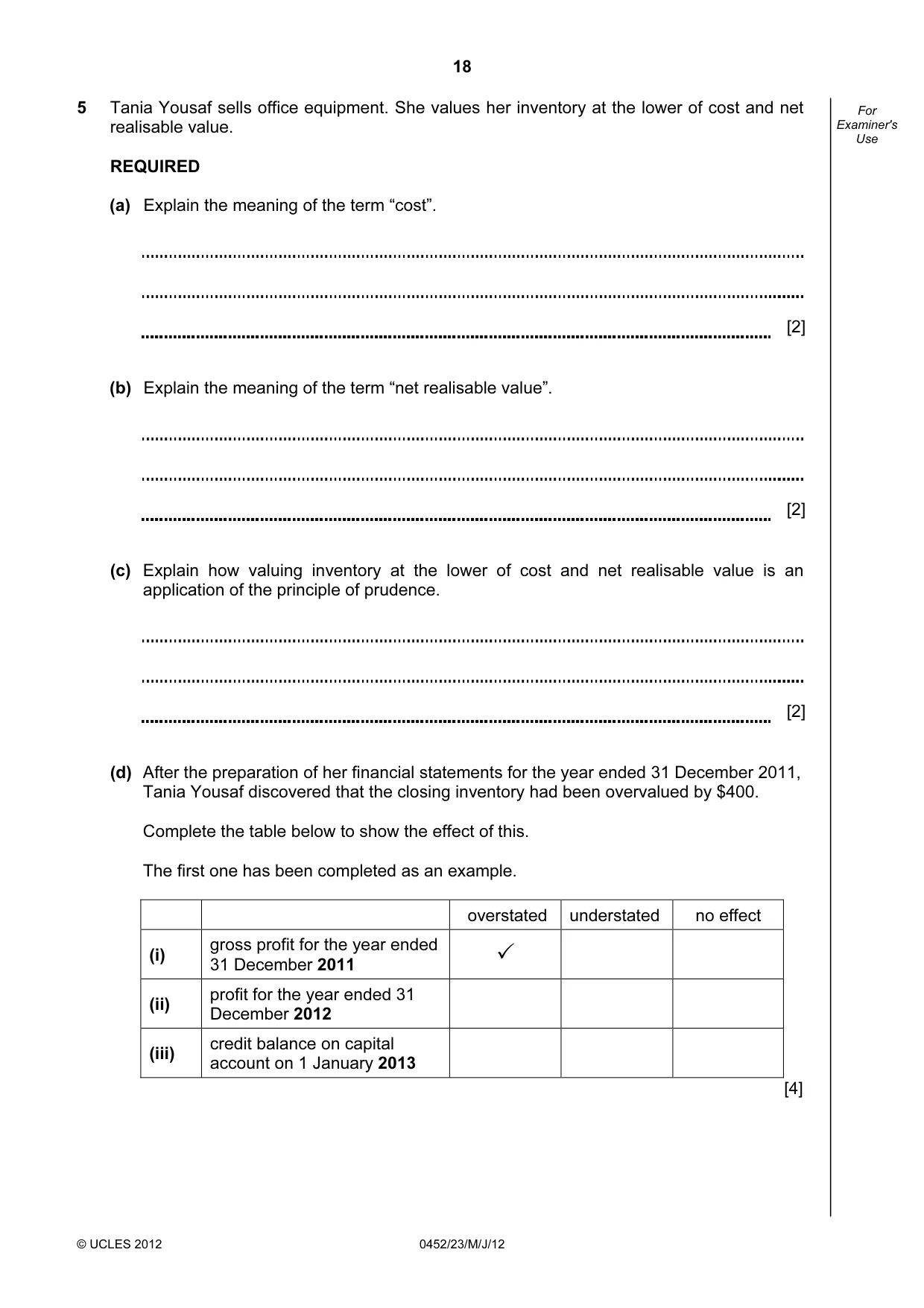 Cambridge IGCSE Accounting 0452 2012 May/June Paper 2 · Variant 3 question paper, page 18 of 20