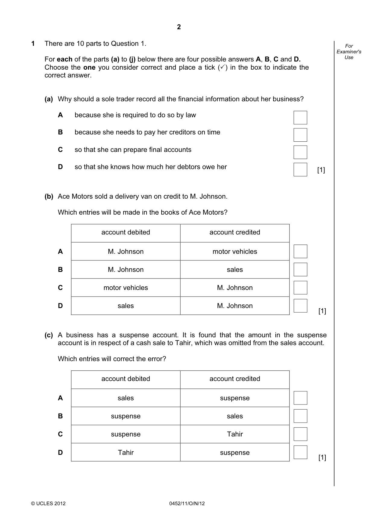 Cambridge IGCSE Accounting 0452 2012 Oct/Nov Paper 1 · Variant 1 question paper, page 2 of 20