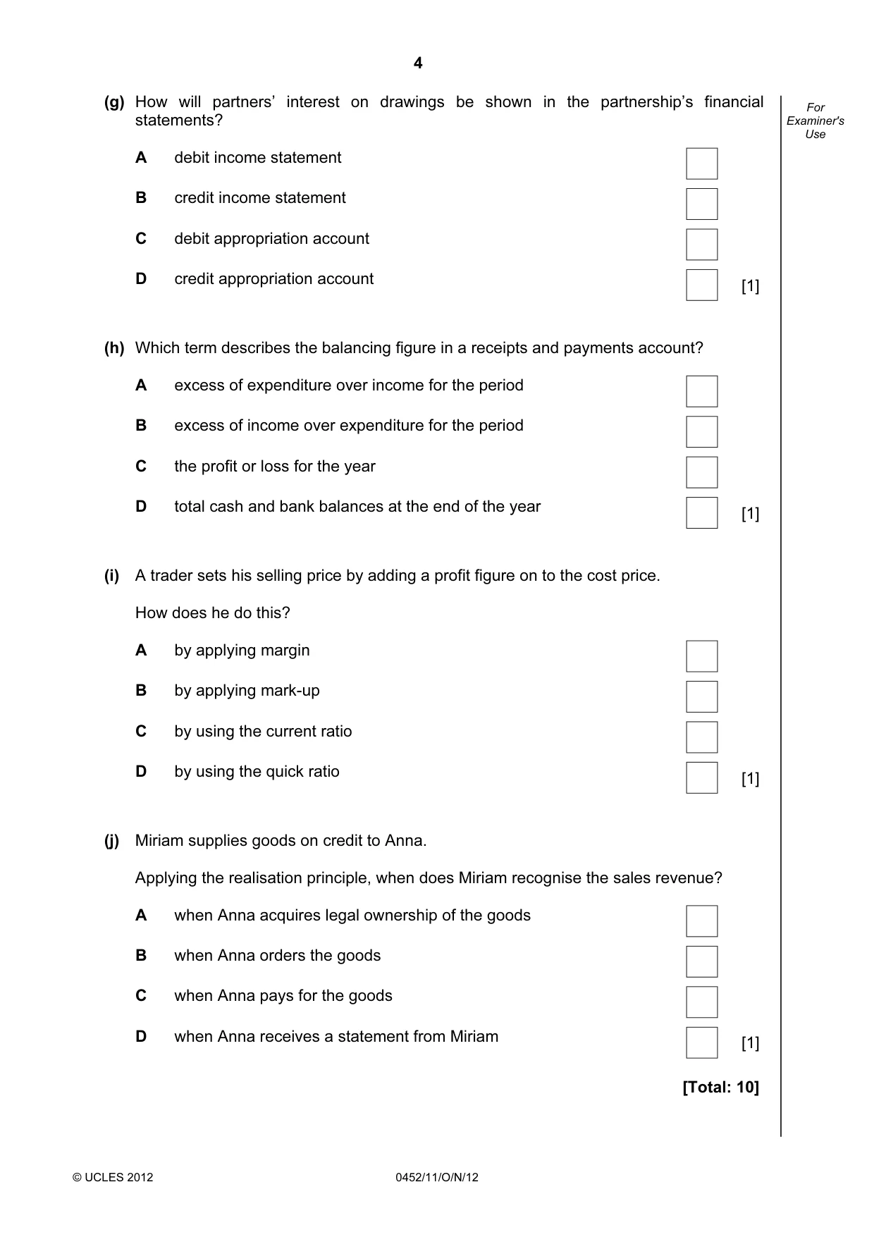 Cambridge IGCSE Accounting 0452 2012 Oct/Nov Paper 1 · Variant 1 question paper, page 4 of 20