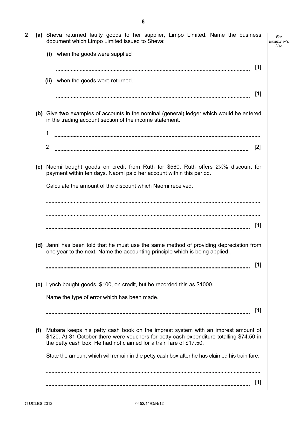 Cambridge IGCSE Accounting 0452 2012 Oct/Nov Paper 1 · Variant 1 question paper, page 6 of 20