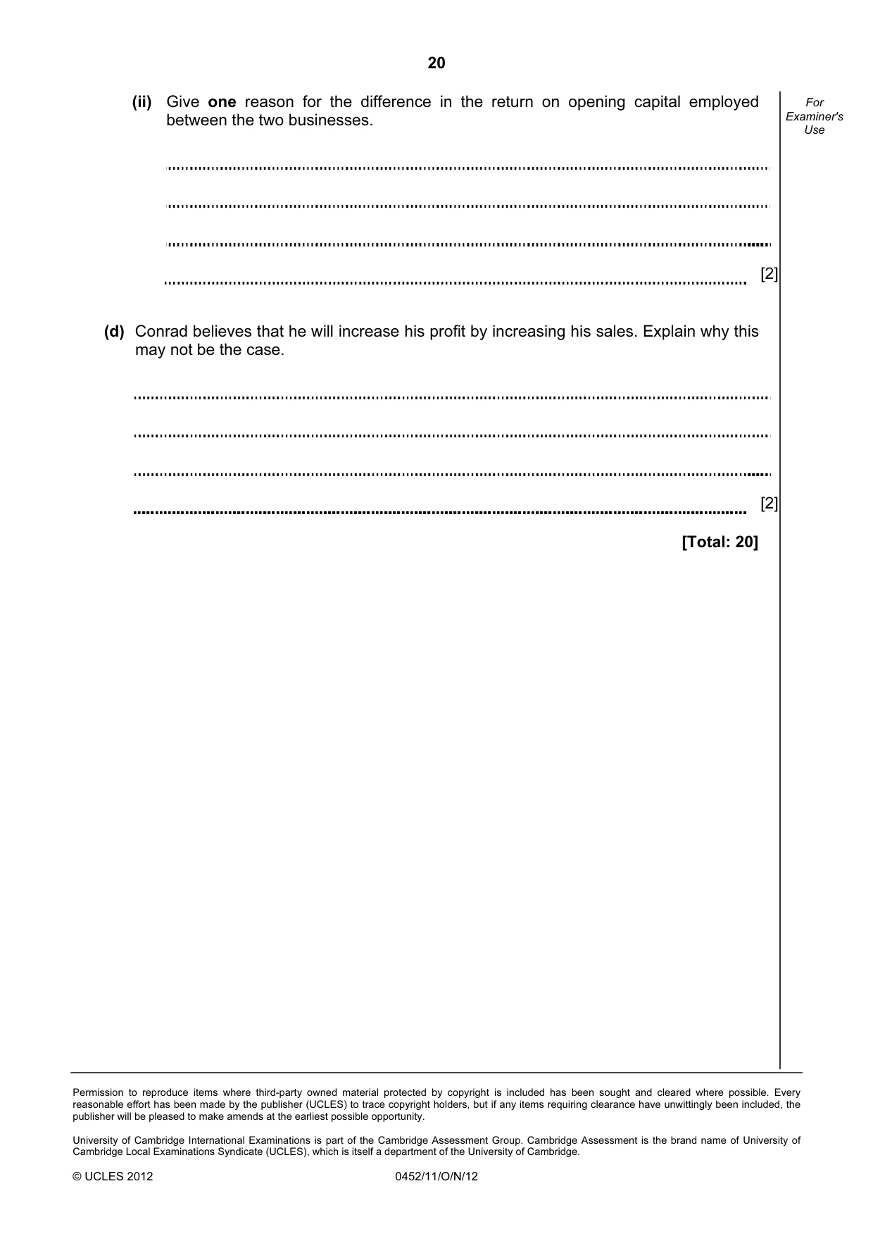 Cambridge IGCSE Accounting 0452 2012 Oct/Nov Paper 1 · Variant 1 question paper, page 20 of 20