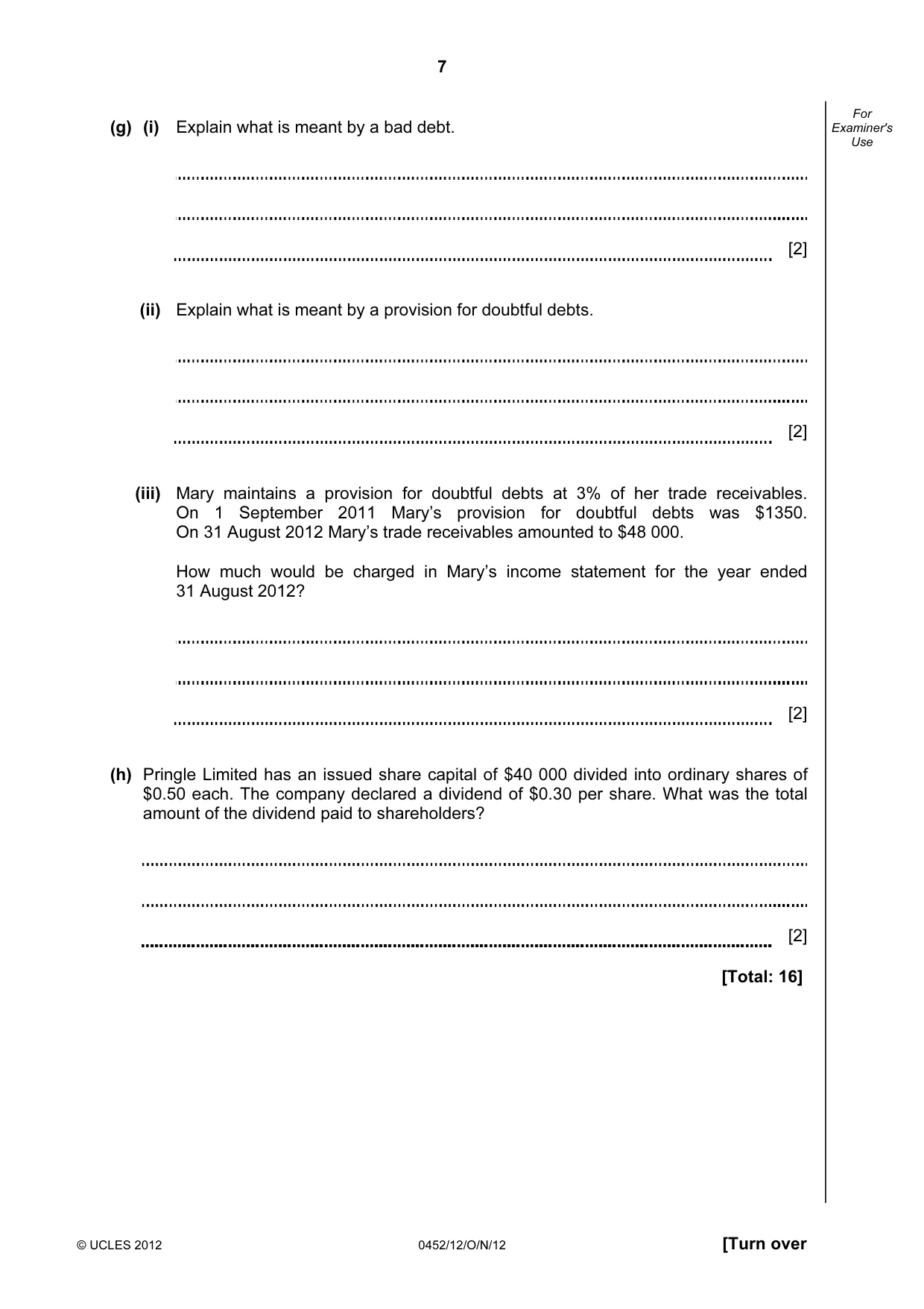 Cambridge IGCSE Accounting 0452 2012 Oct/Nov Paper 1 · Variant 2 question paper, page 7 of 20