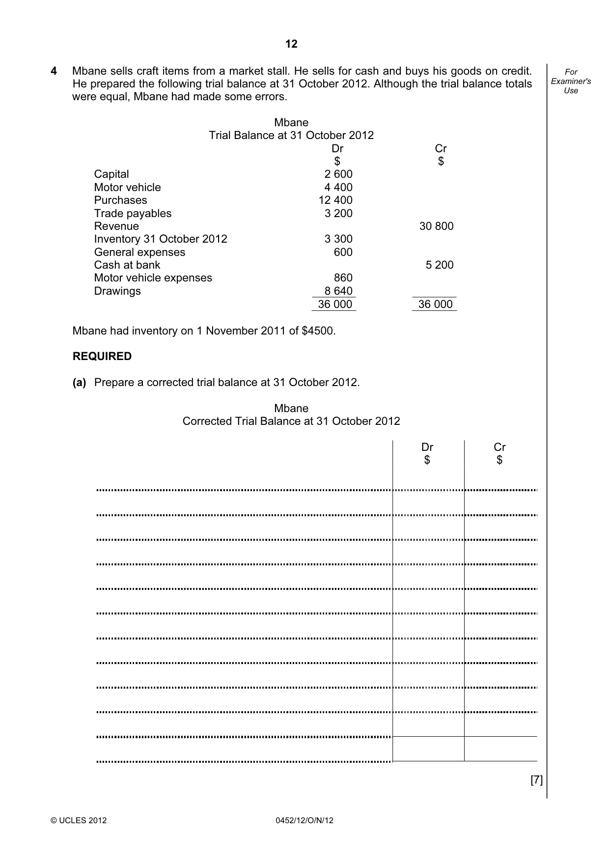 Cambridge IGCSE Accounting 0452 2012 Oct/Nov Paper 1 · Variant 2 question paper, page 12 of 20