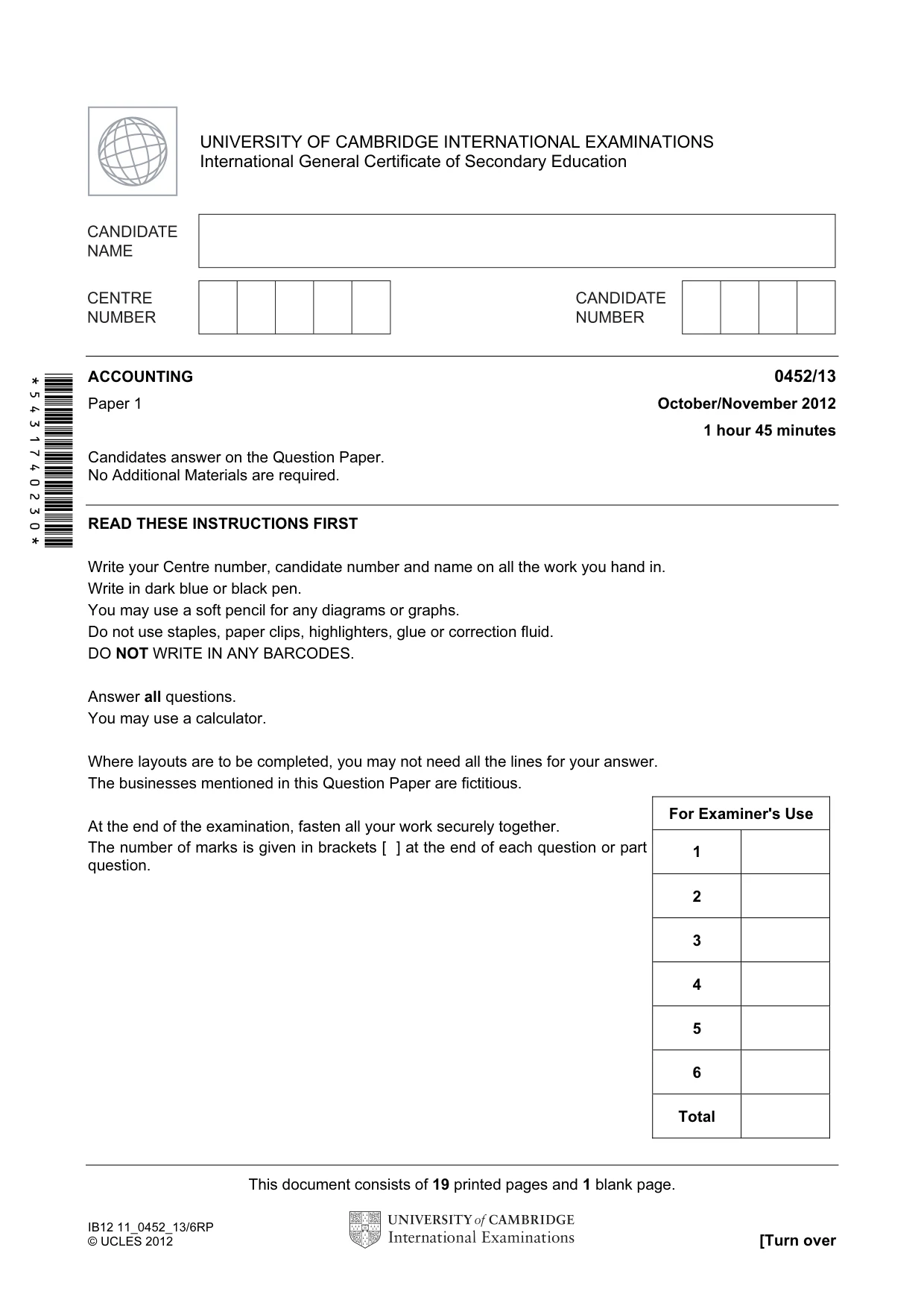 Cambridge IGCSE Accounting 0452 2012 Oct/Nov Paper 1 · Variant 3 question paper, page 1 of 20