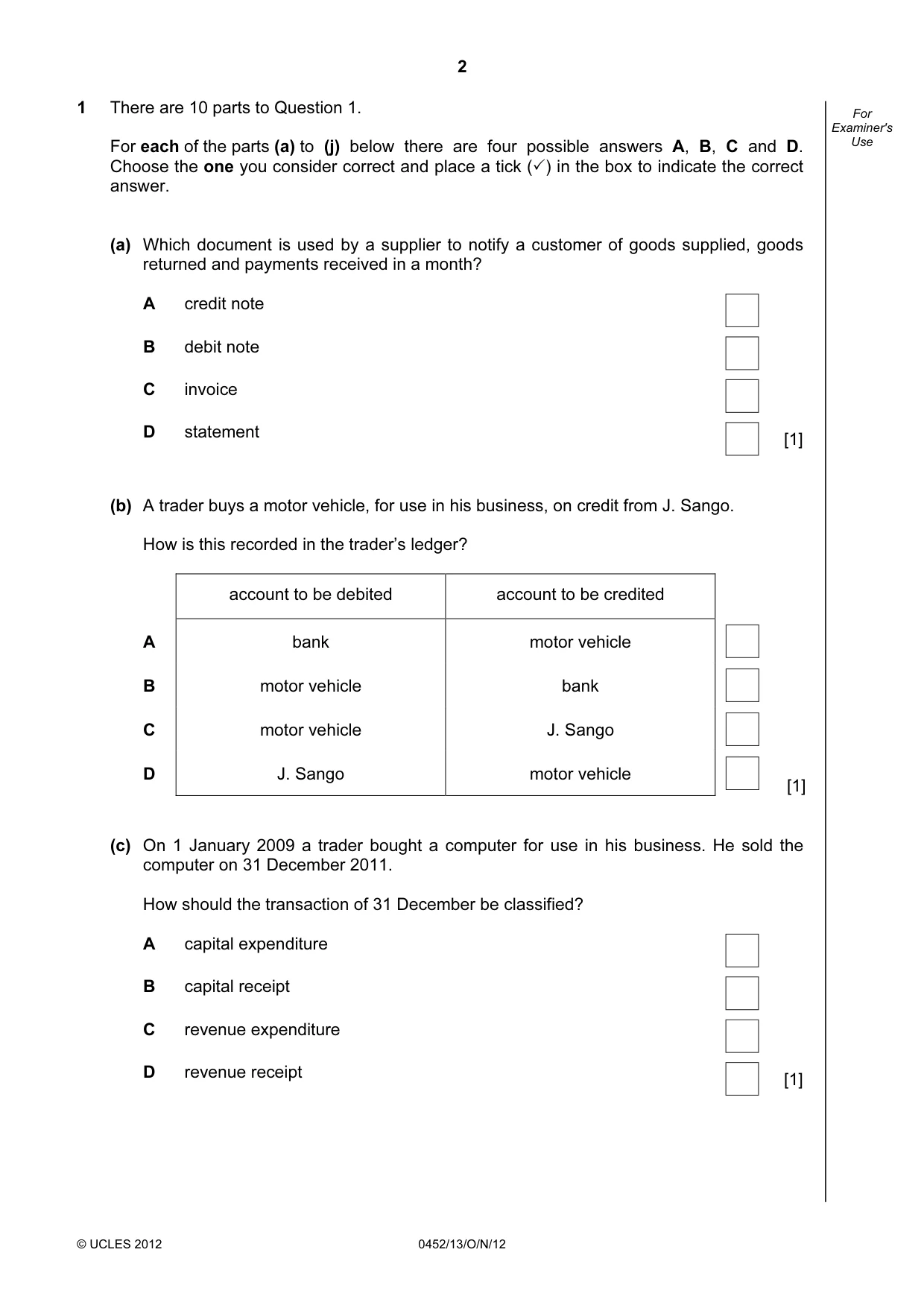 Cambridge IGCSE Accounting 0452 2012 Oct/Nov Paper 1 · Variant 3 question paper, page 2 of 20