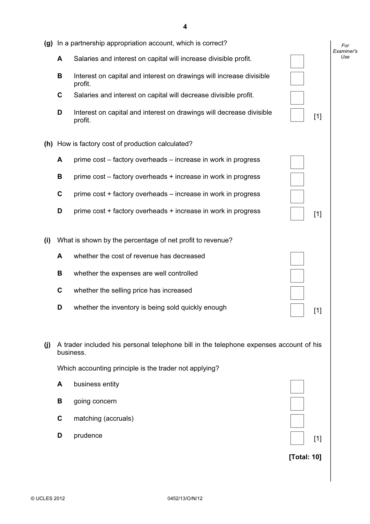 Cambridge IGCSE Accounting 0452 2012 Oct/Nov Paper 1 · Variant 3 question paper, page 4 of 20
