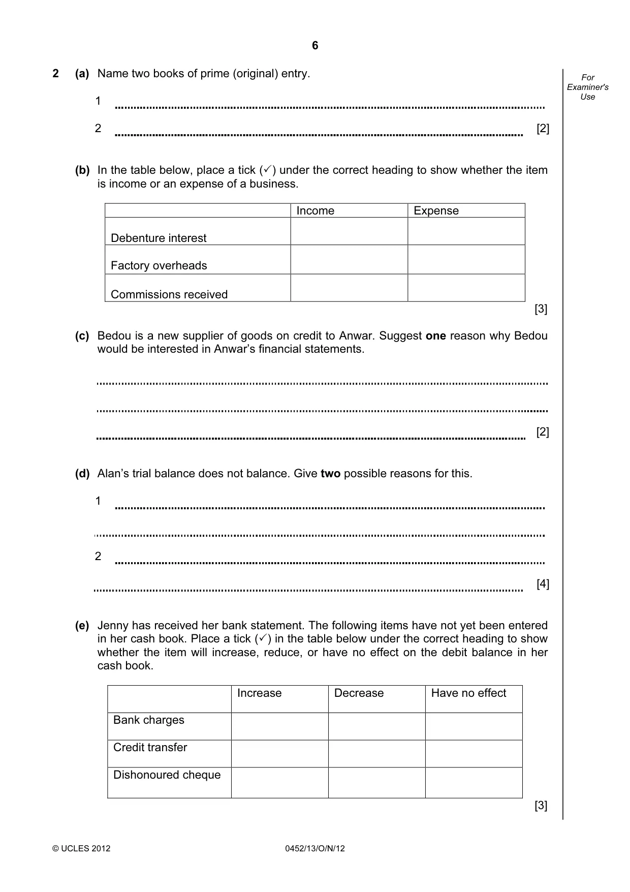 Cambridge IGCSE Accounting 0452 2012 Oct/Nov Paper 1 · Variant 3 question paper, page 6 of 20