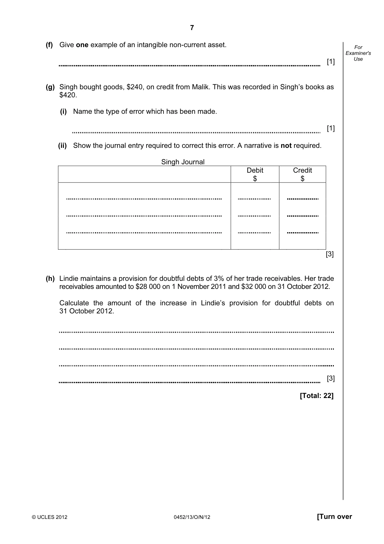 Cambridge IGCSE Accounting 0452 2012 Oct/Nov Paper 1 · Variant 3 question paper, page 7 of 20