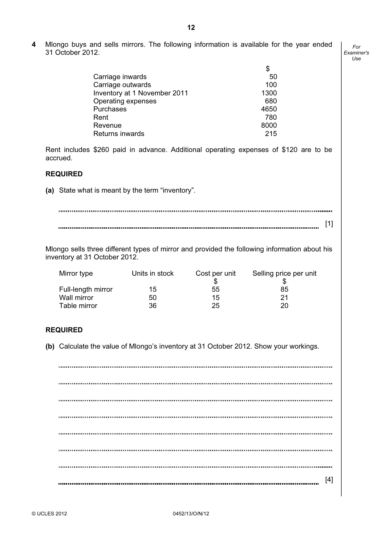 Cambridge IGCSE Accounting 0452 2012 Oct/Nov Paper 1 · Variant 3 question paper, page 12 of 20