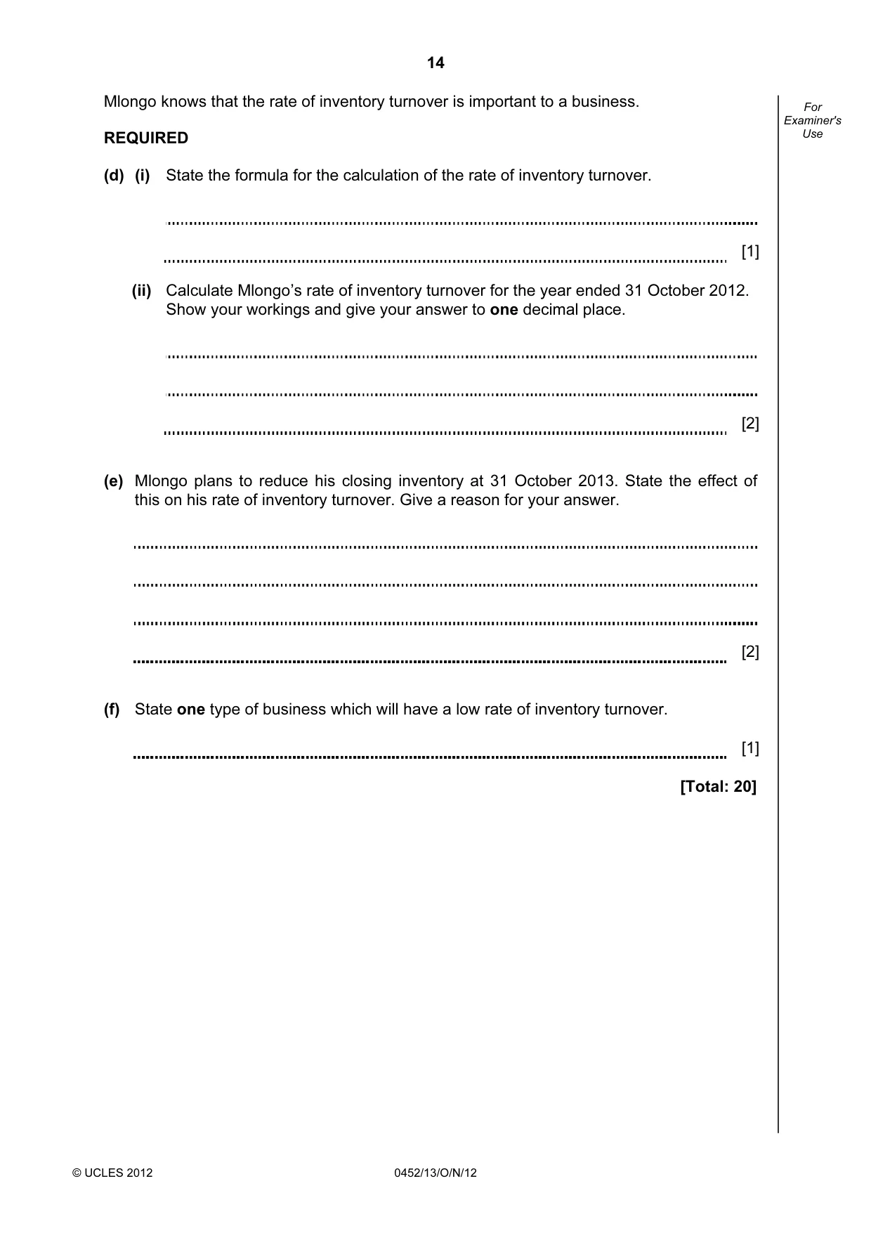Cambridge IGCSE Accounting 0452 2012 Oct/Nov Paper 1 · Variant 3 question paper, page 14 of 20