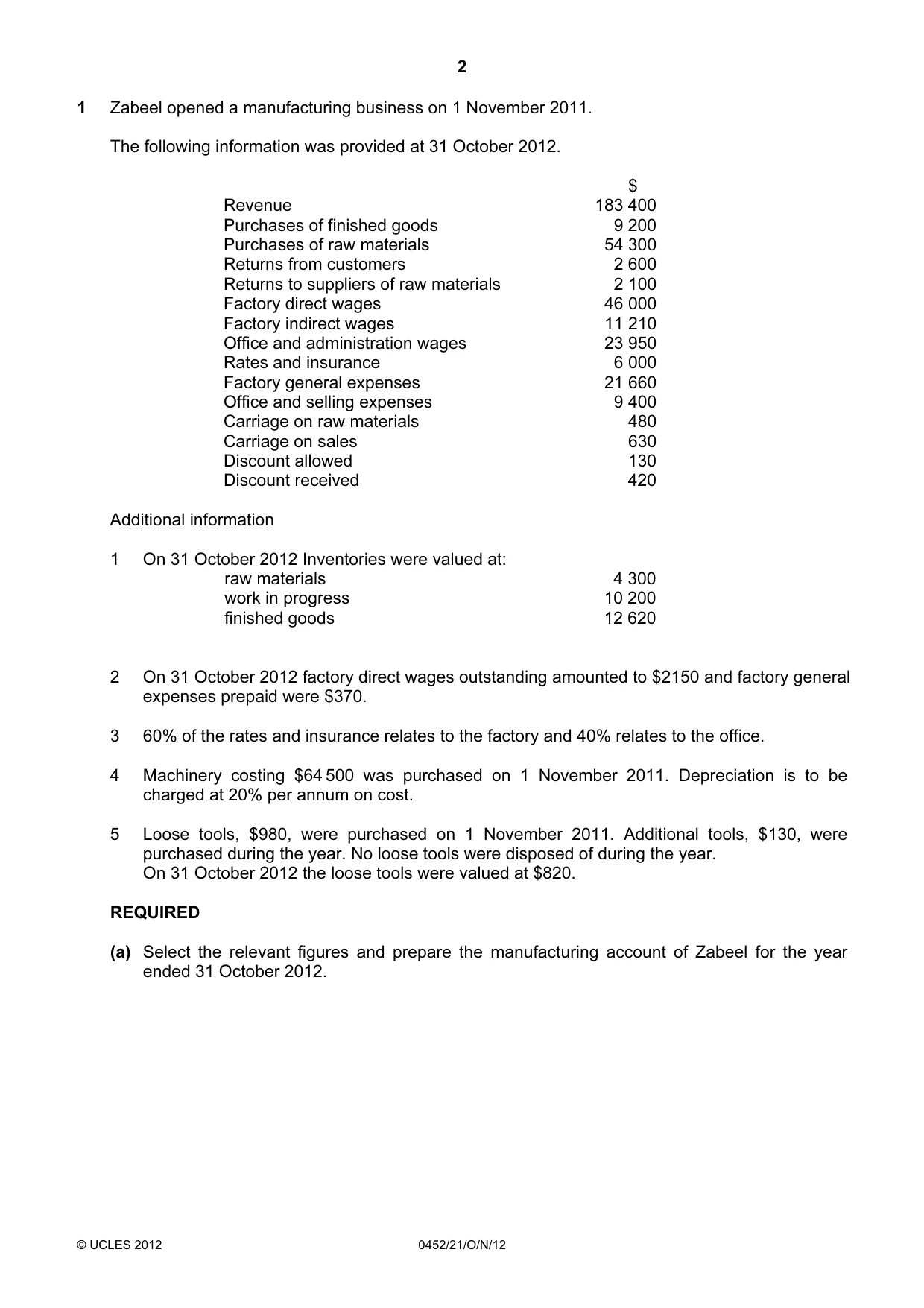 Cambridge IGCSE Accounting 0452 2012 Oct/Nov Paper 2 · Variant 1 question paper, page 2 of 16