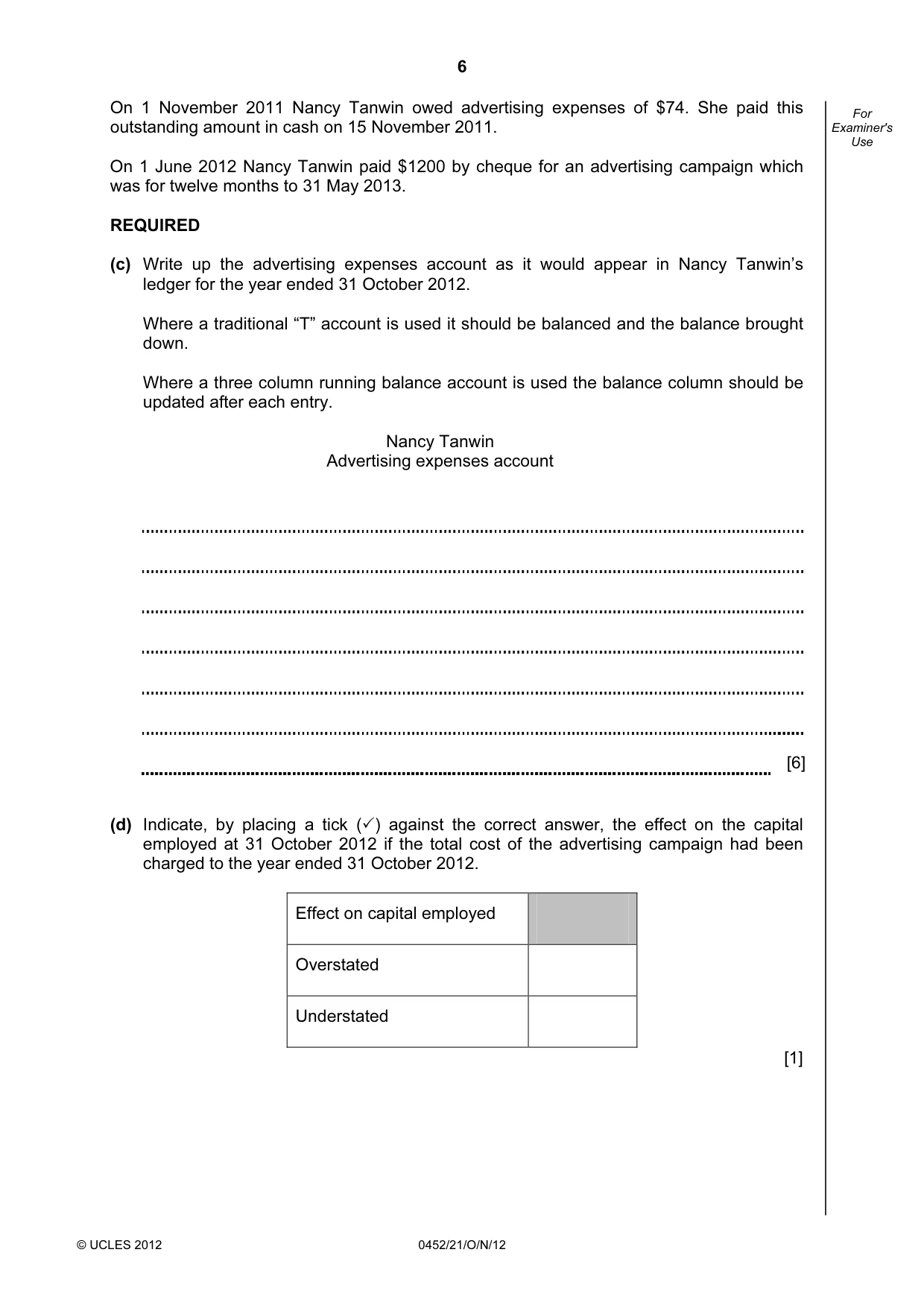 Cambridge IGCSE Accounting 0452 2012 Oct/Nov Paper 2 · Variant 1 question paper, page 6 of 16