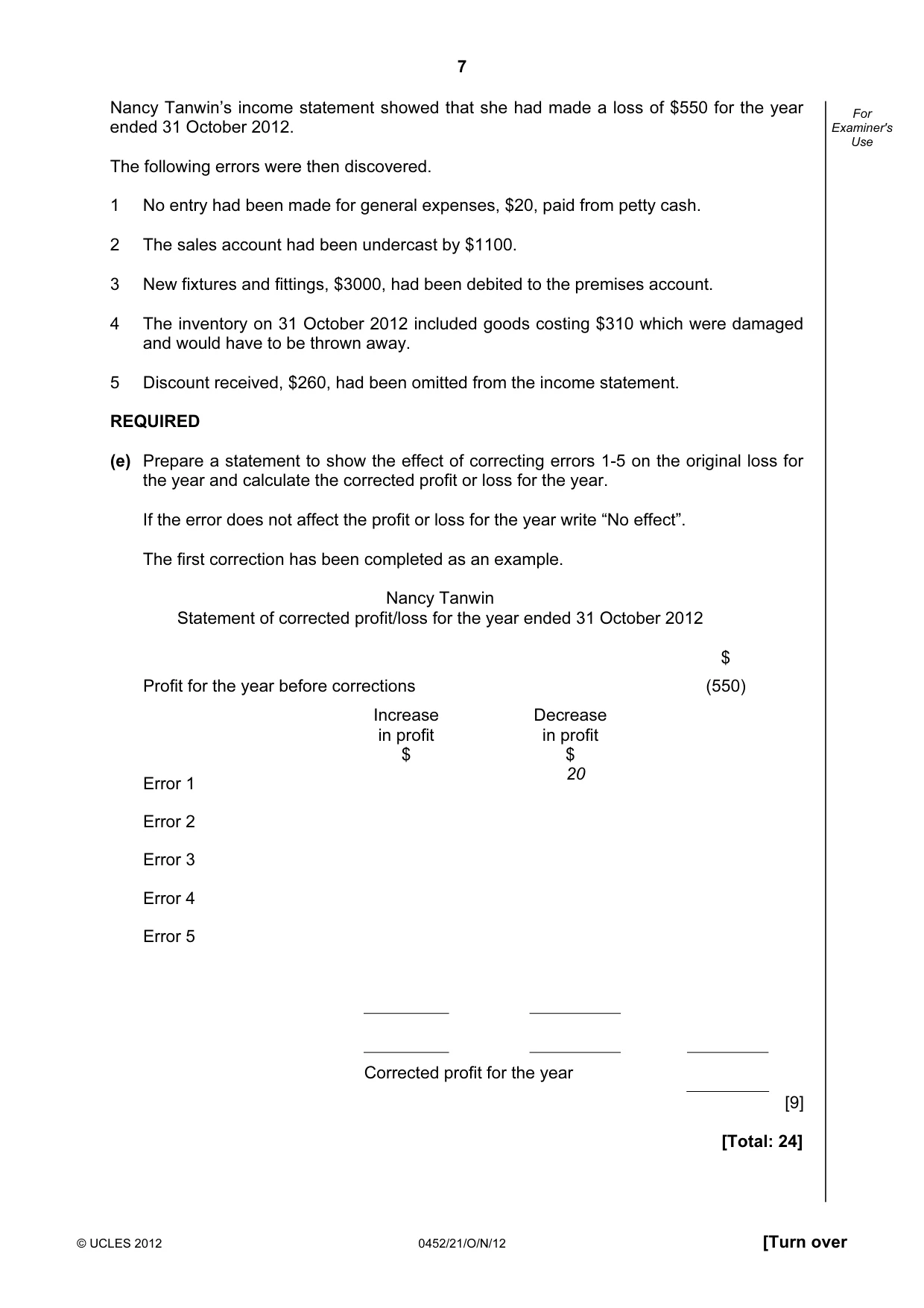 Cambridge IGCSE Accounting 0452 2012 Oct/Nov Paper 2 · Variant 1 question paper, page 7 of 16