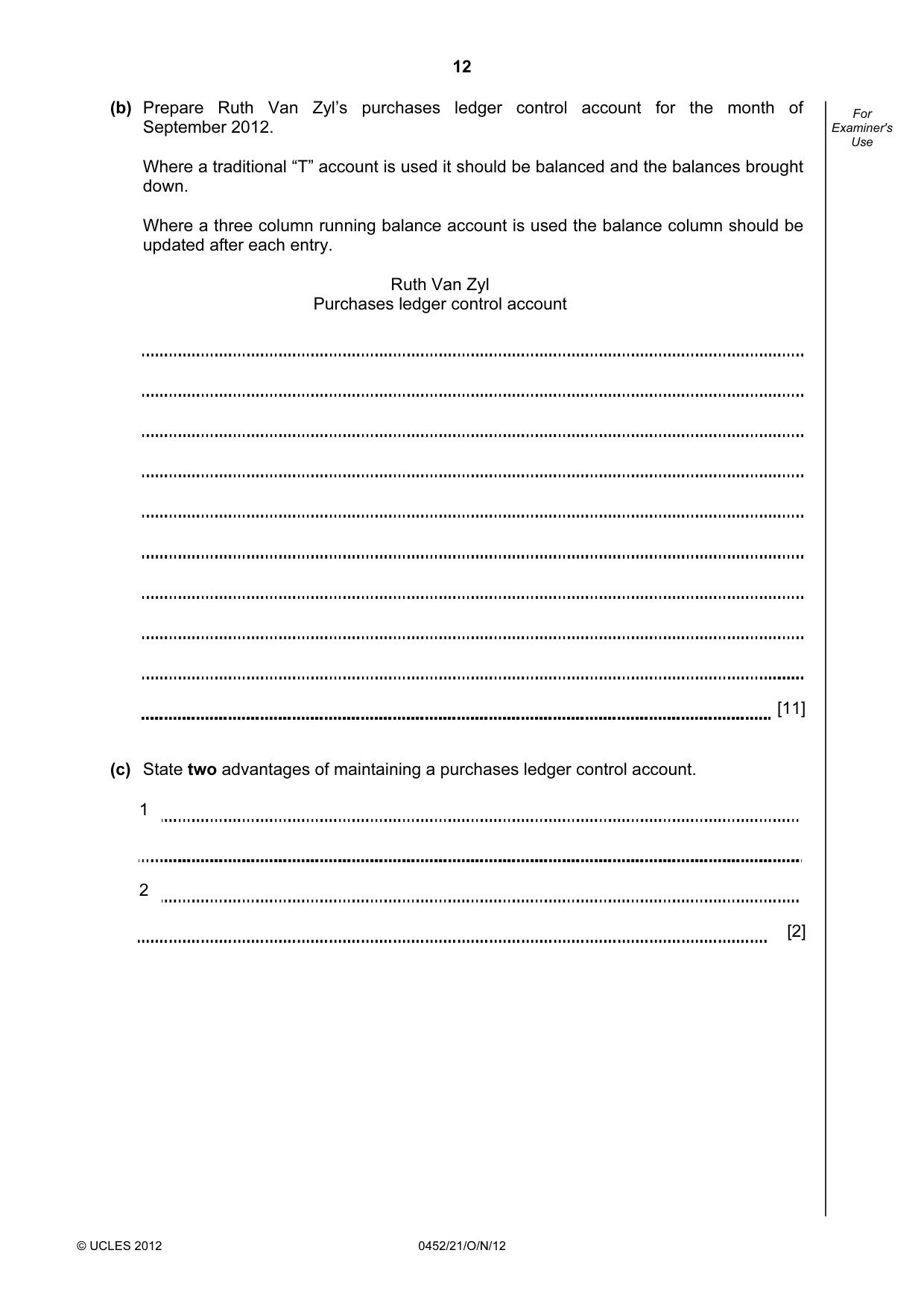 Cambridge IGCSE Accounting 0452 2012 Oct/Nov Paper 2 · Variant 1 question paper, page 12 of 16