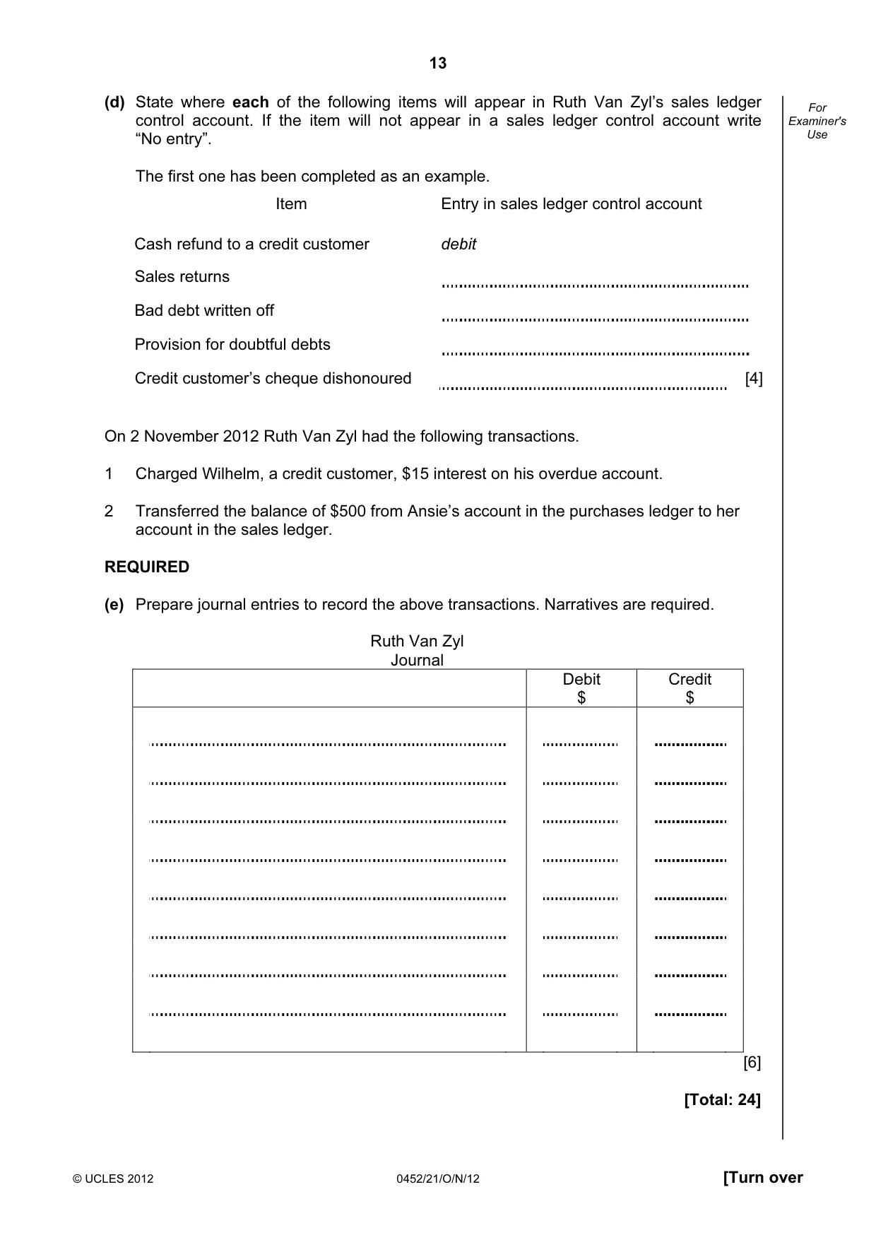 Cambridge IGCSE Accounting 0452 2012 Oct/Nov Paper 2 · Variant 1 question paper, page 13 of 16