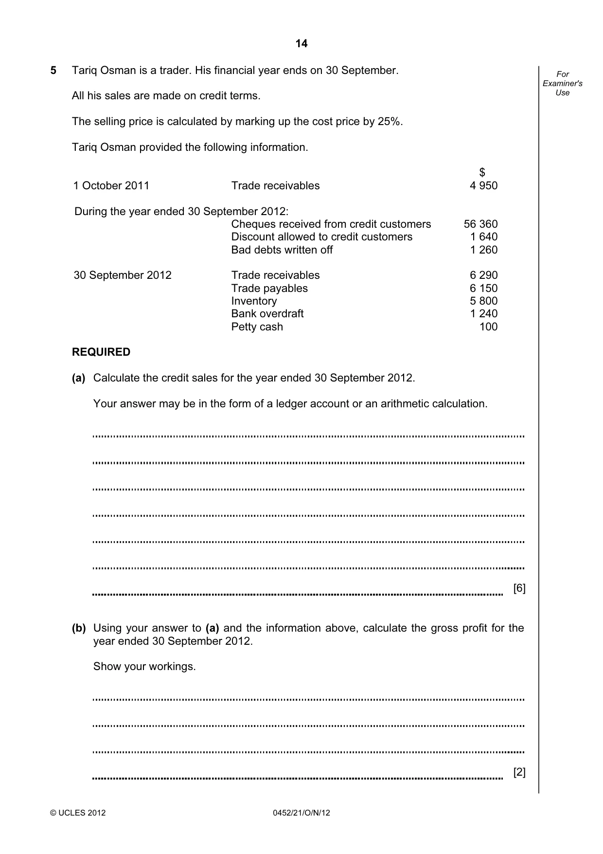 Cambridge IGCSE Accounting 0452 2012 Oct/Nov Paper 2 · Variant 1 question paper, page 14 of 16