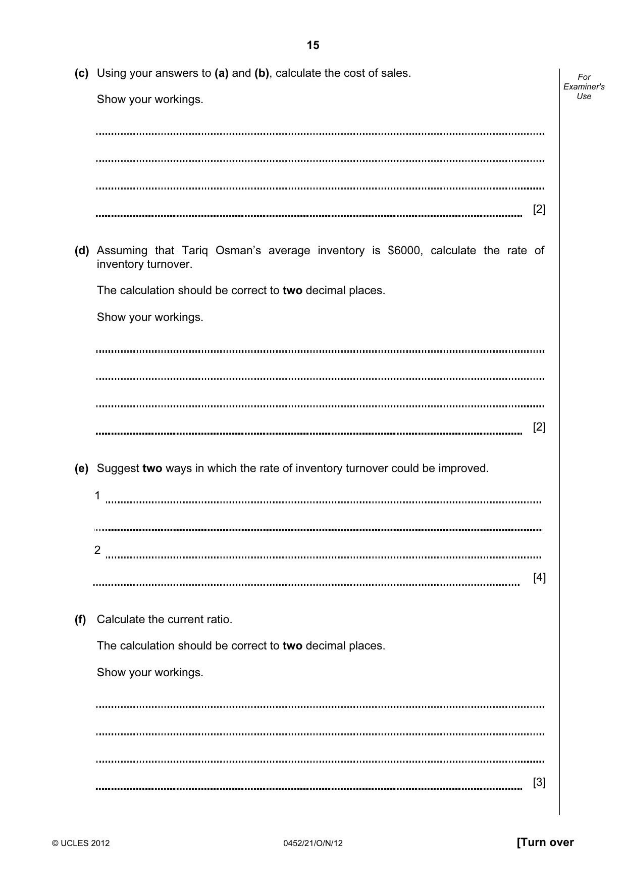 Cambridge IGCSE Accounting 0452 2012 Oct/Nov Paper 2 · Variant 1 question paper, page 15 of 16