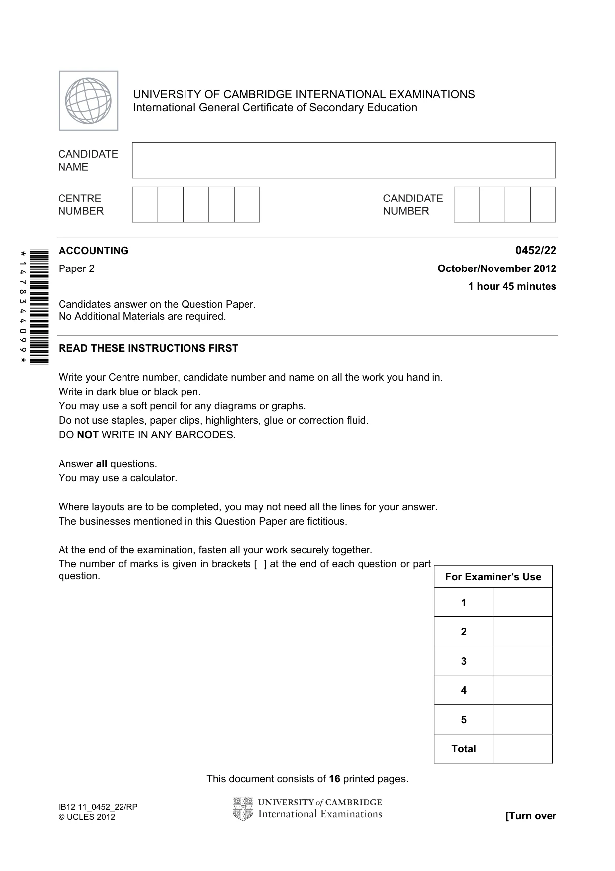 Cambridge IGCSE Accounting 0452 2012 Oct/Nov Paper 2 · Variant 2 question paper, page 1 of 16