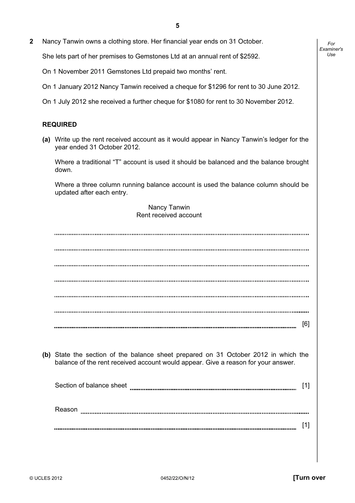 Cambridge IGCSE Accounting 0452 2012 Oct/Nov Paper 2 · Variant 2 question paper, page 5 of 16