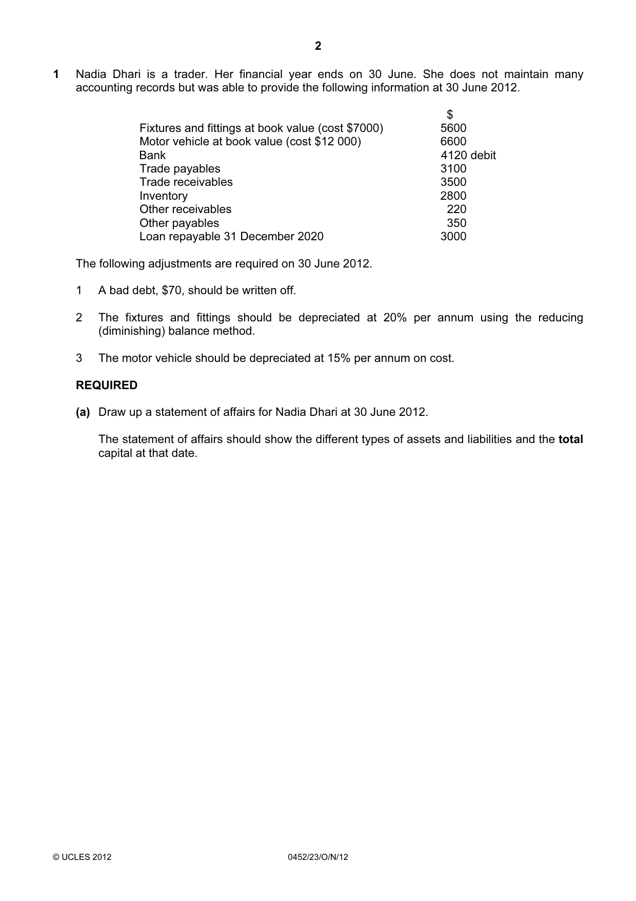 Cambridge IGCSE Accounting 0452 2012 Oct/Nov Paper 2 · Variant 3 question paper, page 2 of 20