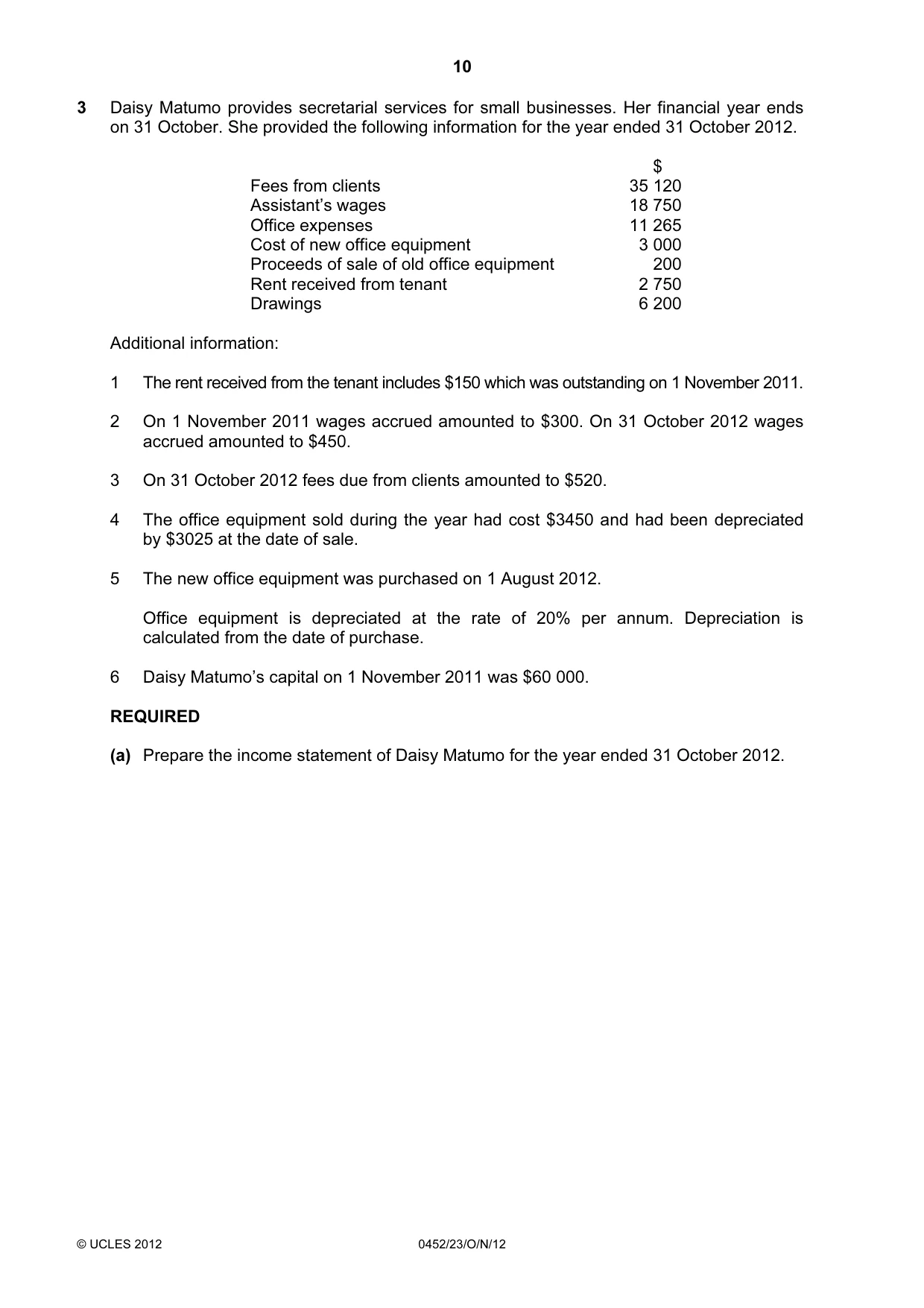Cambridge IGCSE Accounting 0452 2012 Oct/Nov Paper 2 · Variant 3 question paper, page 10 of 20