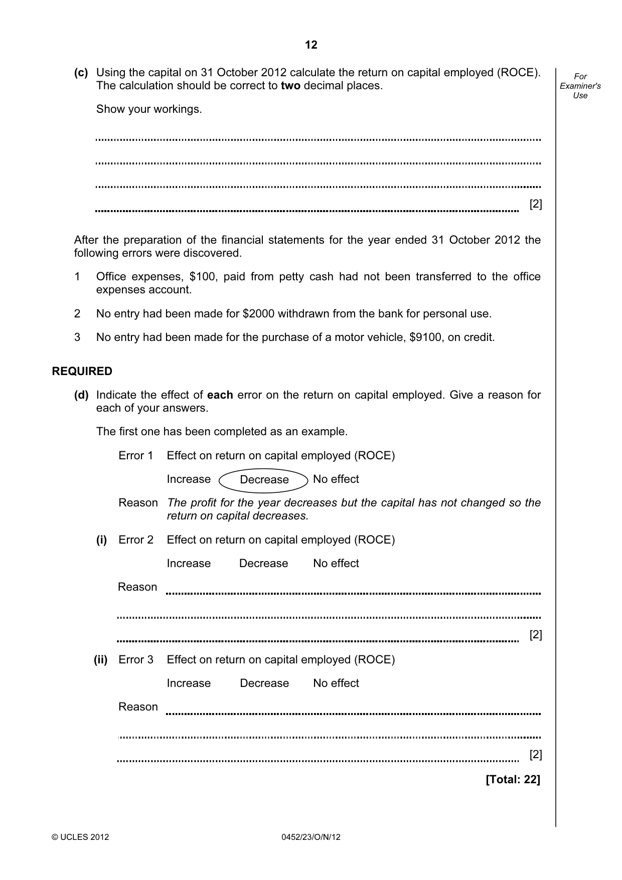 Cambridge IGCSE Accounting 0452 2012 Oct/Nov Paper 2 · Variant 3 question paper, page 12 of 20