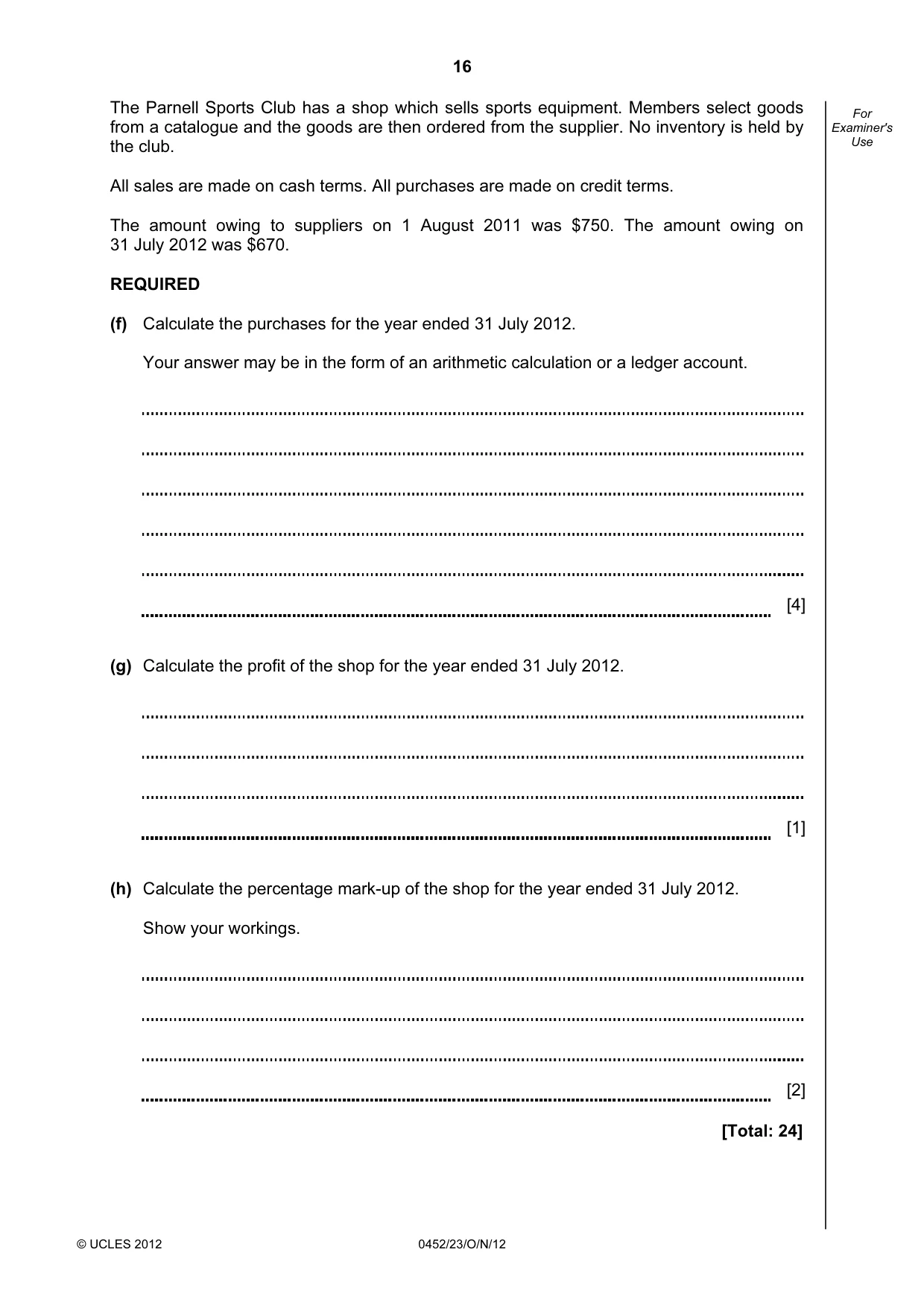 Cambridge IGCSE Accounting 0452 2012 Oct/Nov Paper 2 · Variant 3 question paper, page 16 of 20