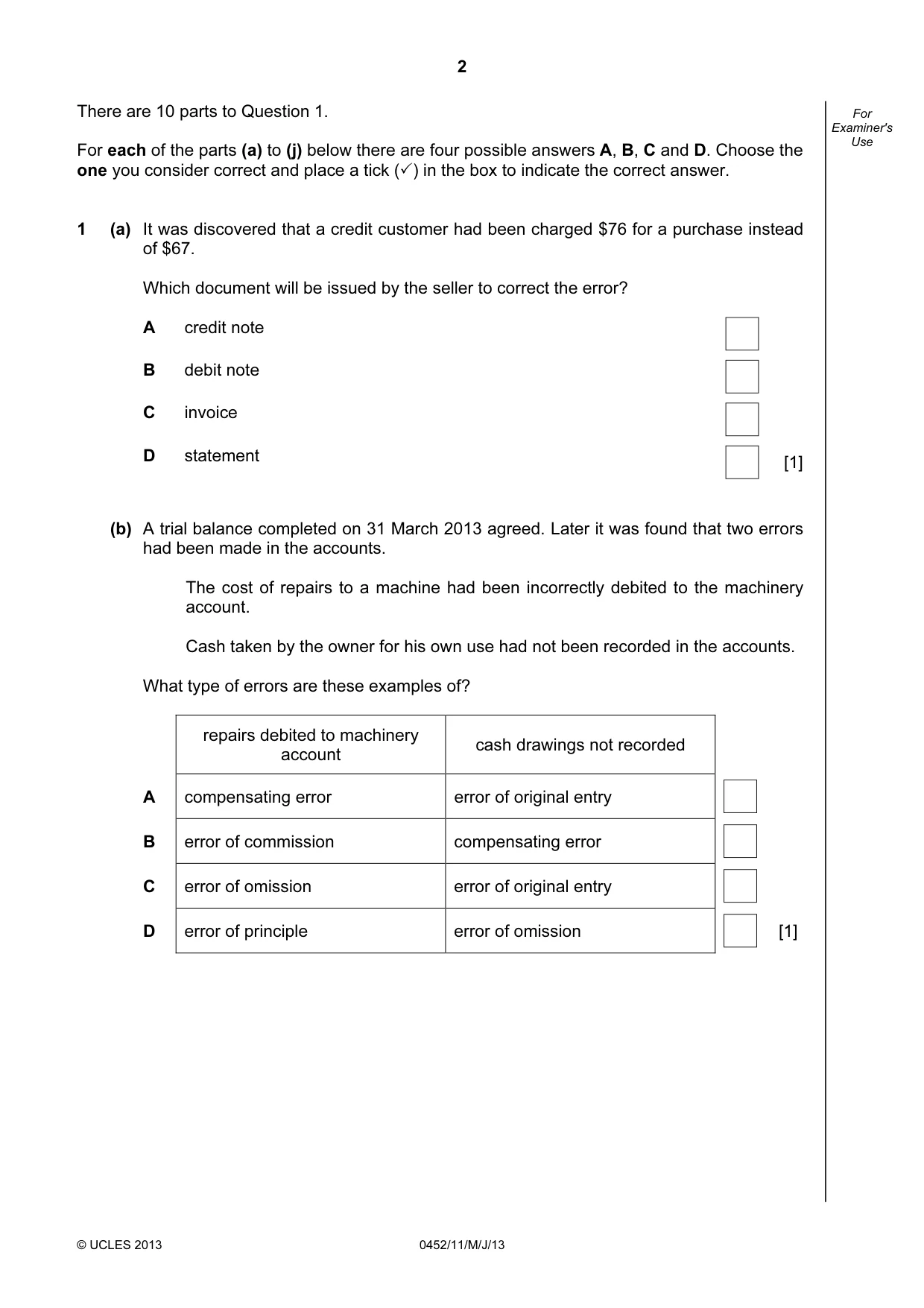Cambridge IGCSE Accounting 0452 2013 May/June Paper 1 · Variant 1 question paper, page 2 of 20