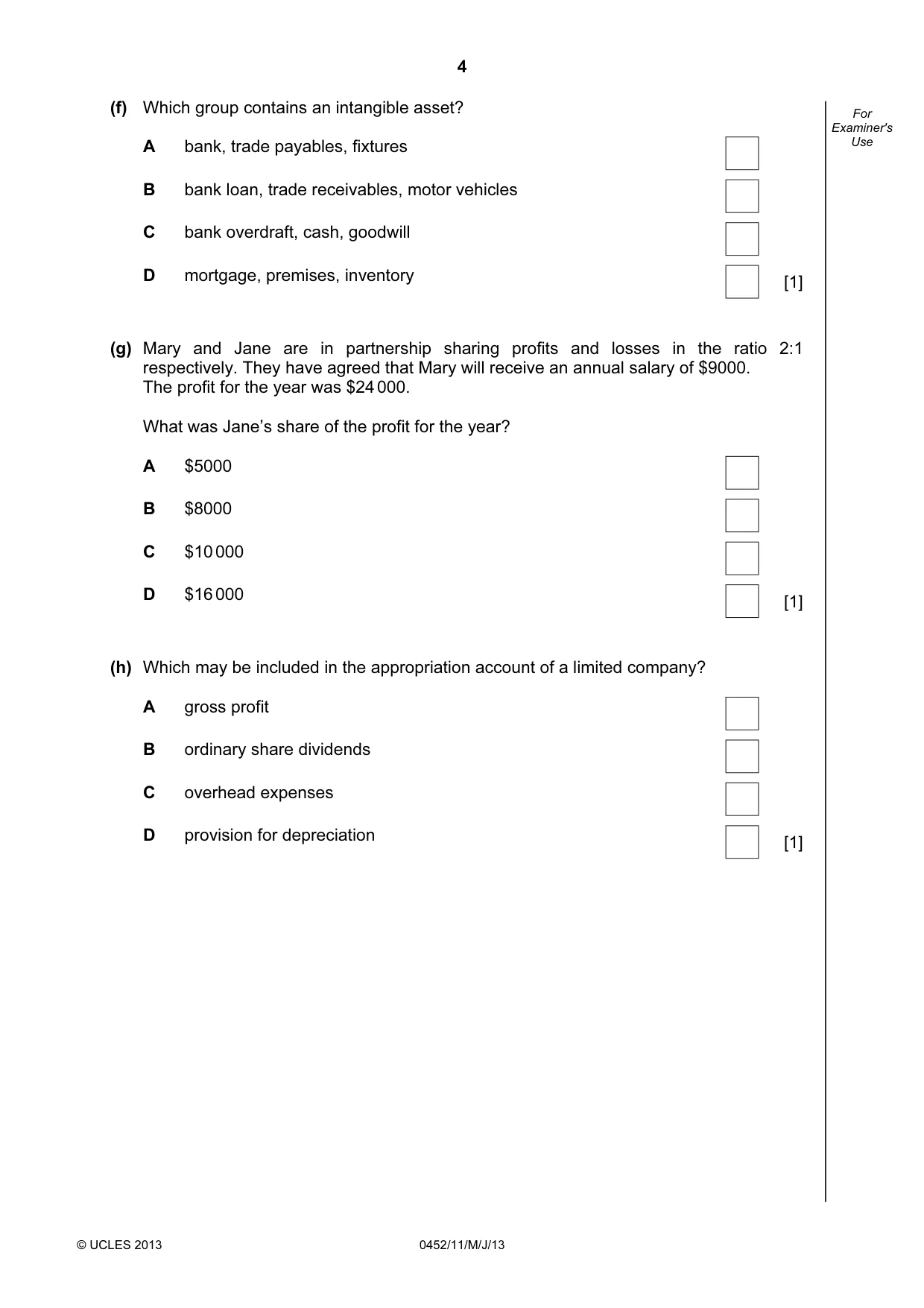 Cambridge IGCSE Accounting 0452 2013 May/June Paper 1 · Variant 1 question paper, page 4 of 20
