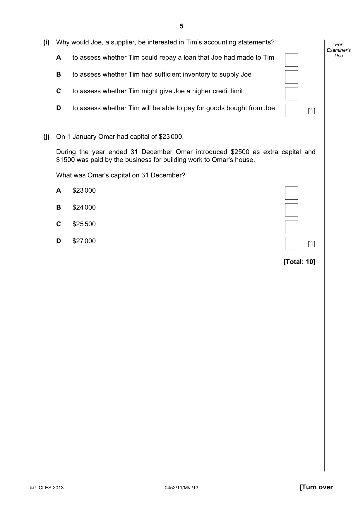 Cambridge IGCSE Accounting 0452 2013 May/June Paper 1 · Variant 1 question paper, page 5 of 20