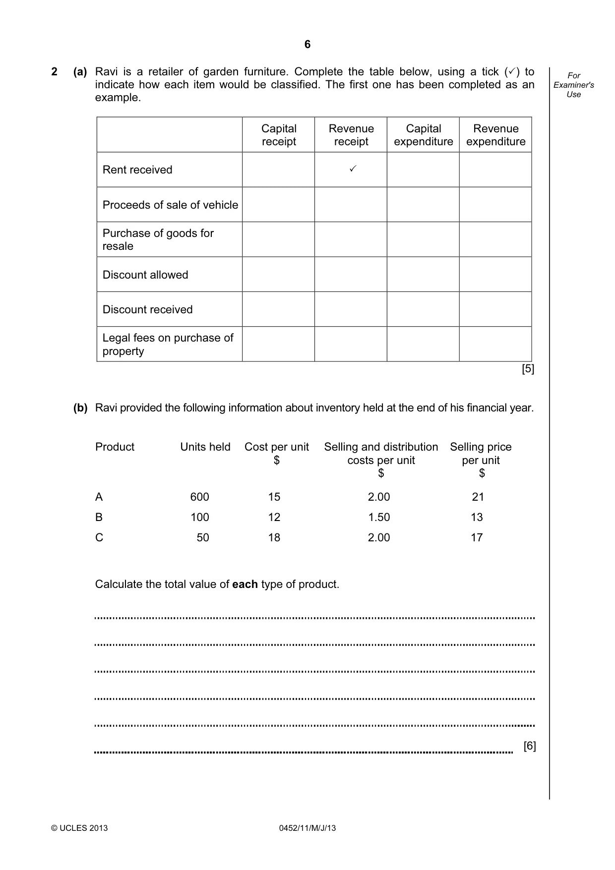 Cambridge IGCSE Accounting 0452 2013 May/June Paper 1 · Variant 1 question paper, page 6 of 20