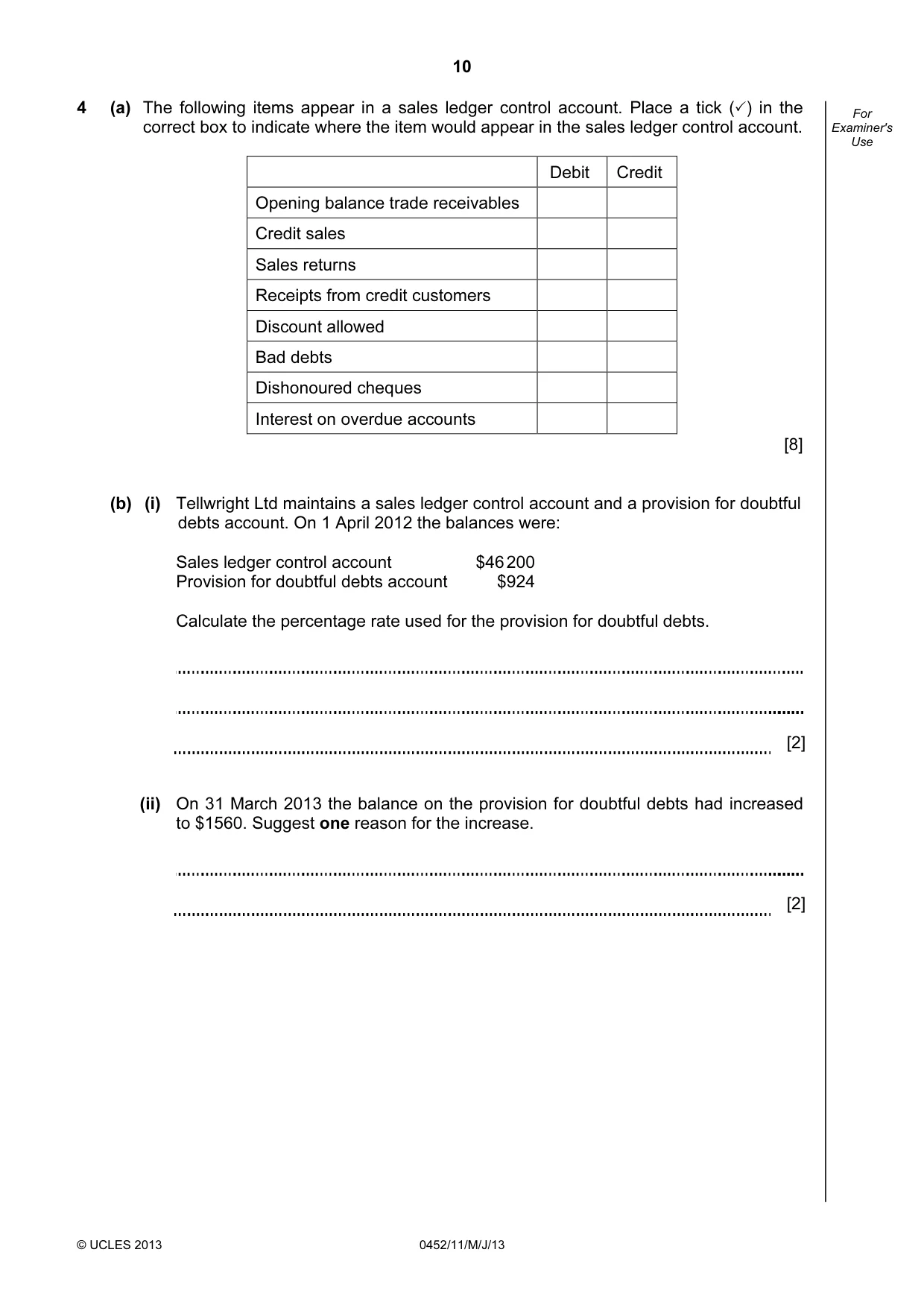 Cambridge IGCSE Accounting 0452 2013 May/June Paper 1 · Variant 1 question paper, page 10 of 20