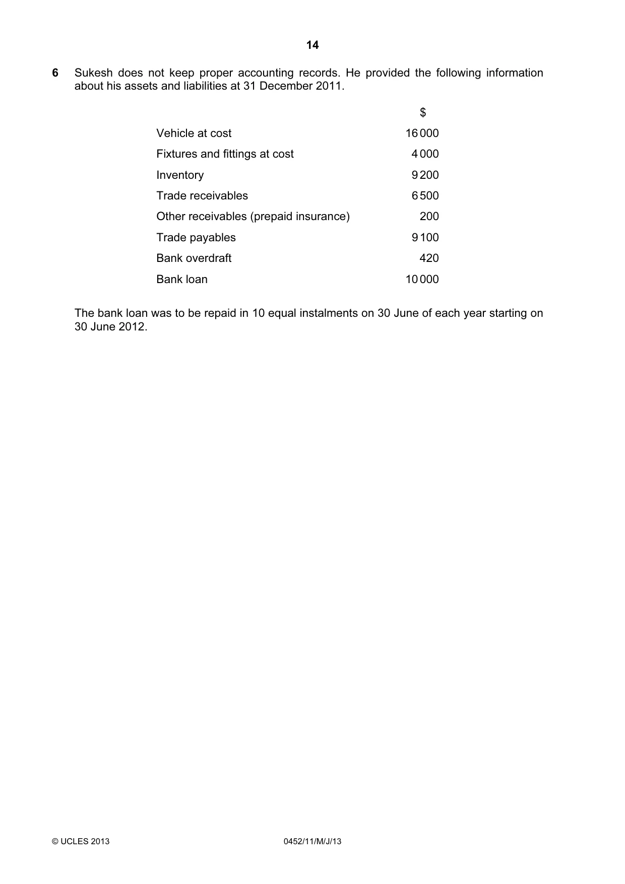 Cambridge IGCSE Accounting 0452 2013 May/June Paper 1 · Variant 1 question paper, page 14 of 20