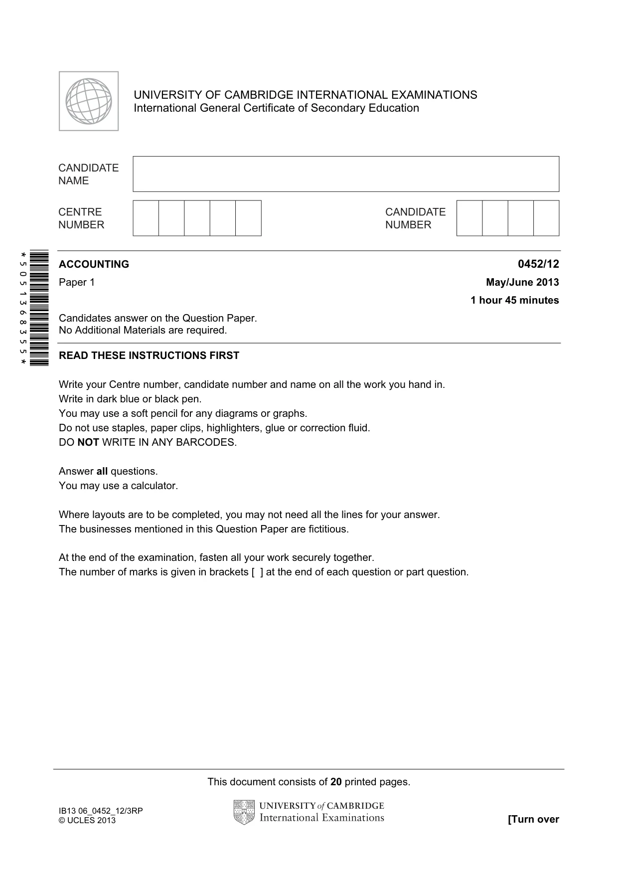 Cambridge IGCSE Accounting 0452 2013 May/June Paper 1 · Variant 2 question paper, page 1 of 20