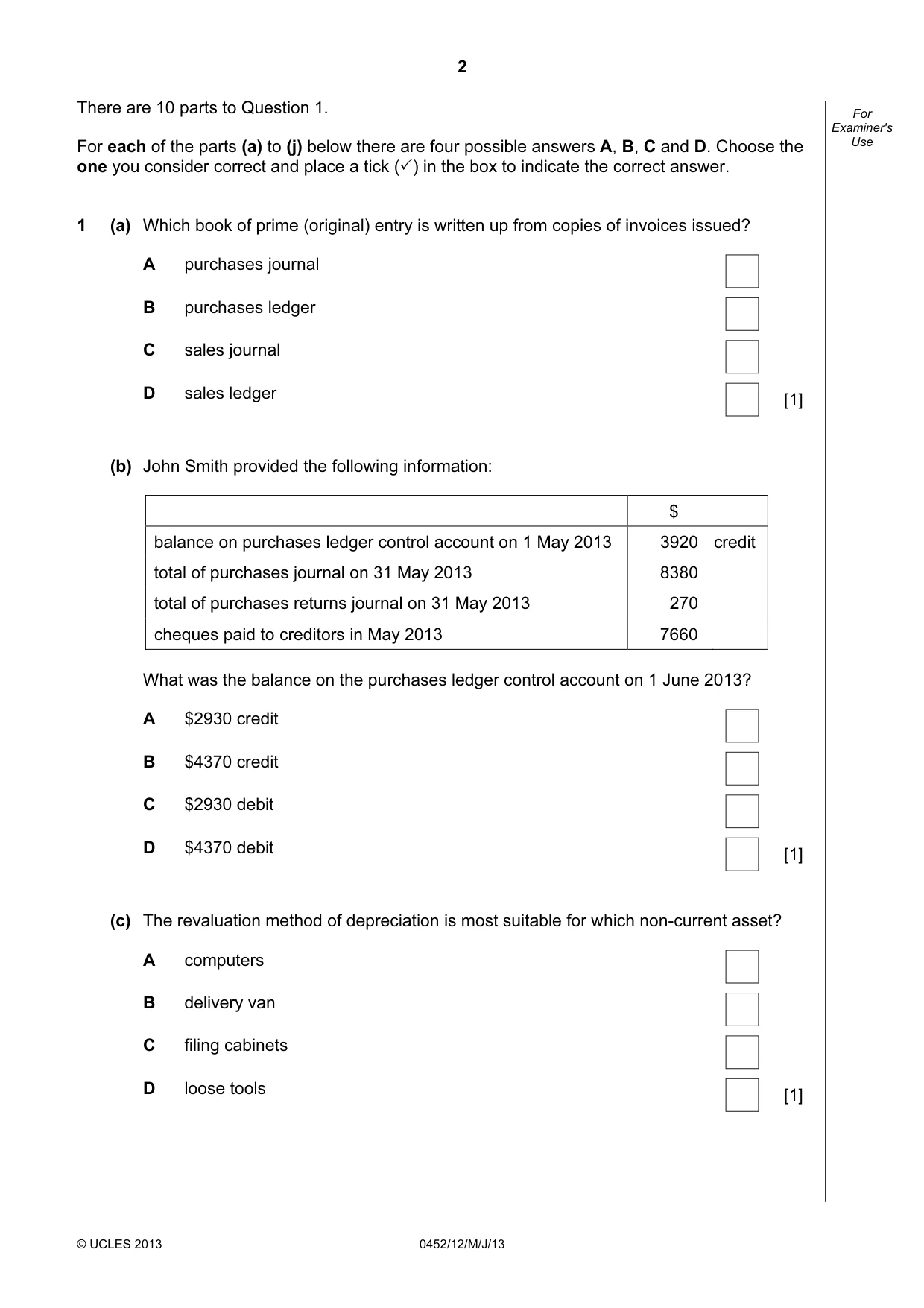 Cambridge IGCSE Accounting 0452 2013 May/June Paper 1 · Variant 2 question paper, page 2 of 20