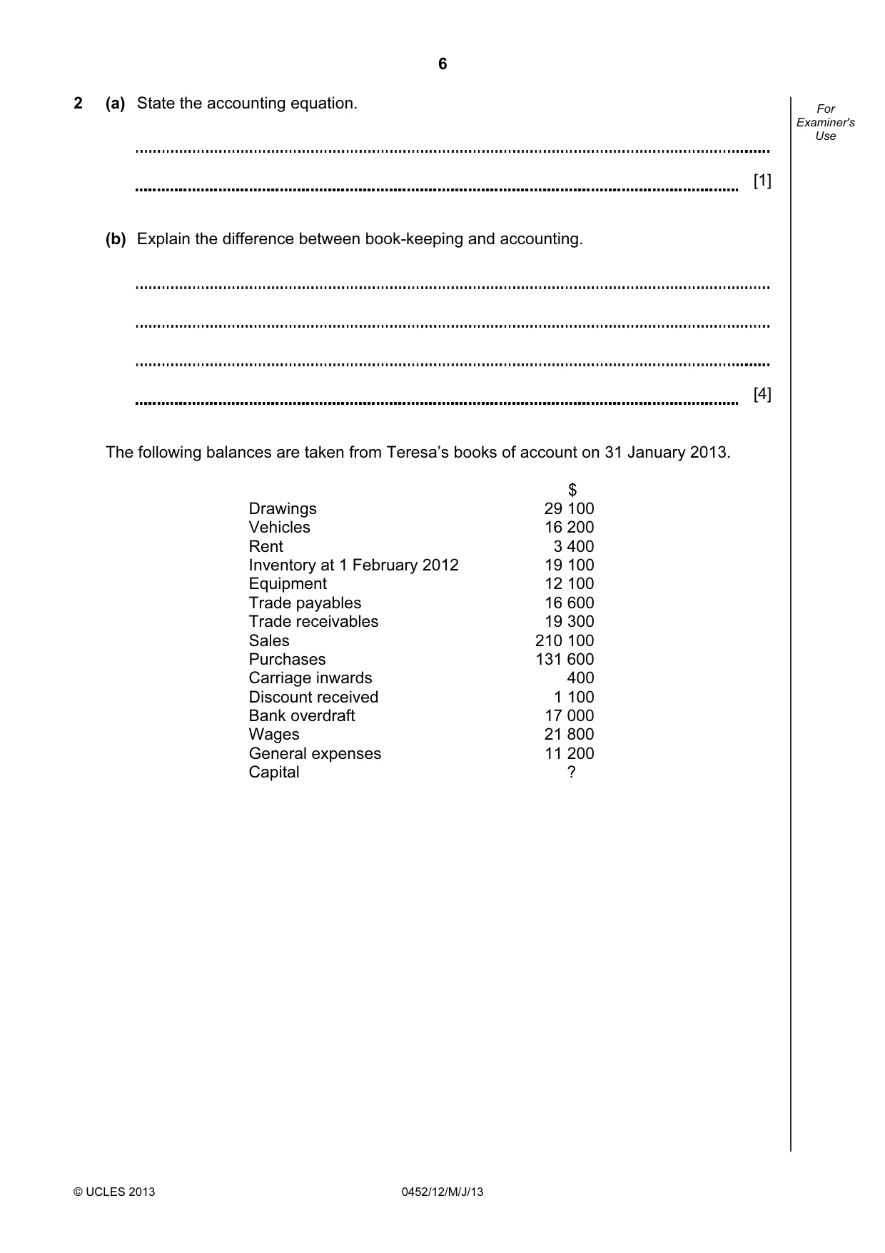 Cambridge IGCSE Accounting 0452 2013 May/June Paper 1 · Variant 2 question paper, page 6 of 20