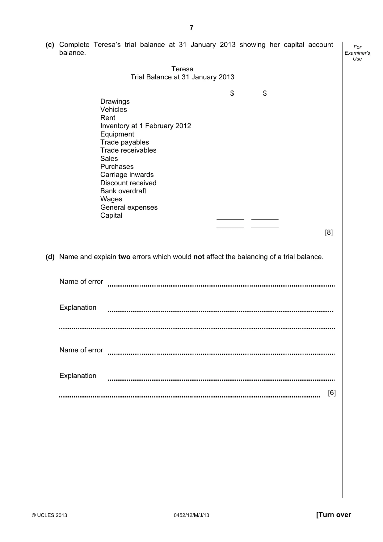 Cambridge IGCSE Accounting 0452 2013 May/June Paper 1 · Variant 2 question paper, page 7 of 20