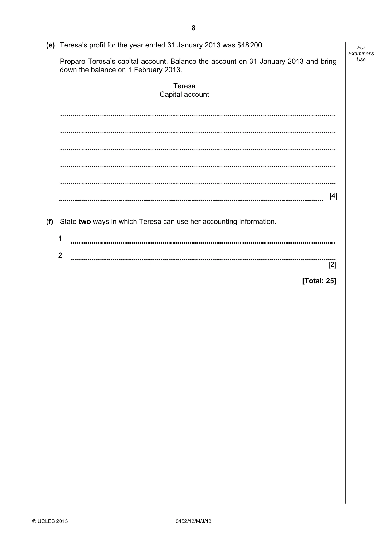 Cambridge IGCSE Accounting 0452 2013 May/June Paper 1 · Variant 2 question paper, page 8 of 20