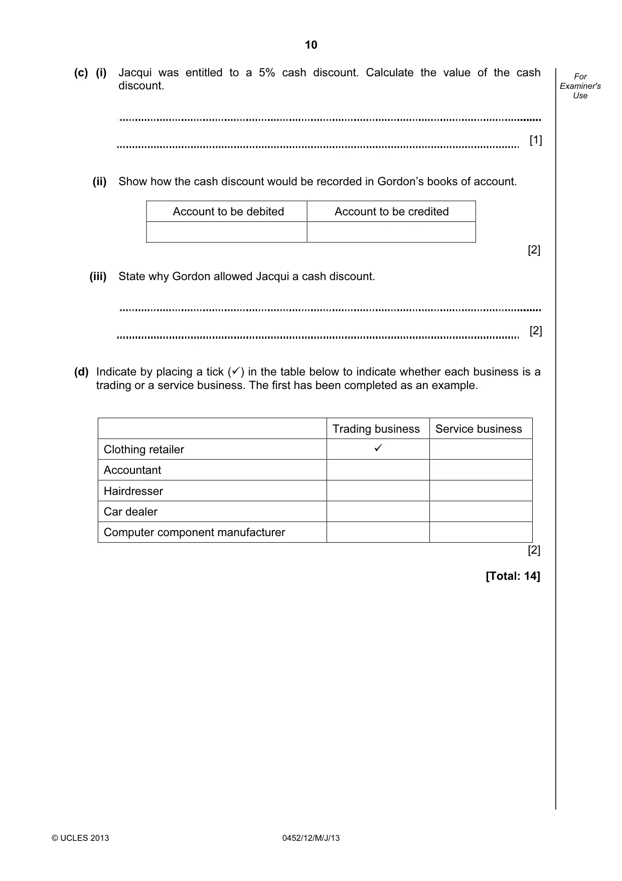 Cambridge IGCSE Accounting 0452 2013 May/June Paper 1 · Variant 2 question paper, page 10 of 20