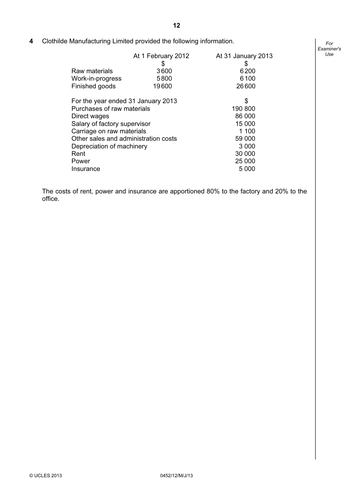 Cambridge IGCSE Accounting 0452 2013 May/June Paper 1 · Variant 2 question paper, page 12 of 20