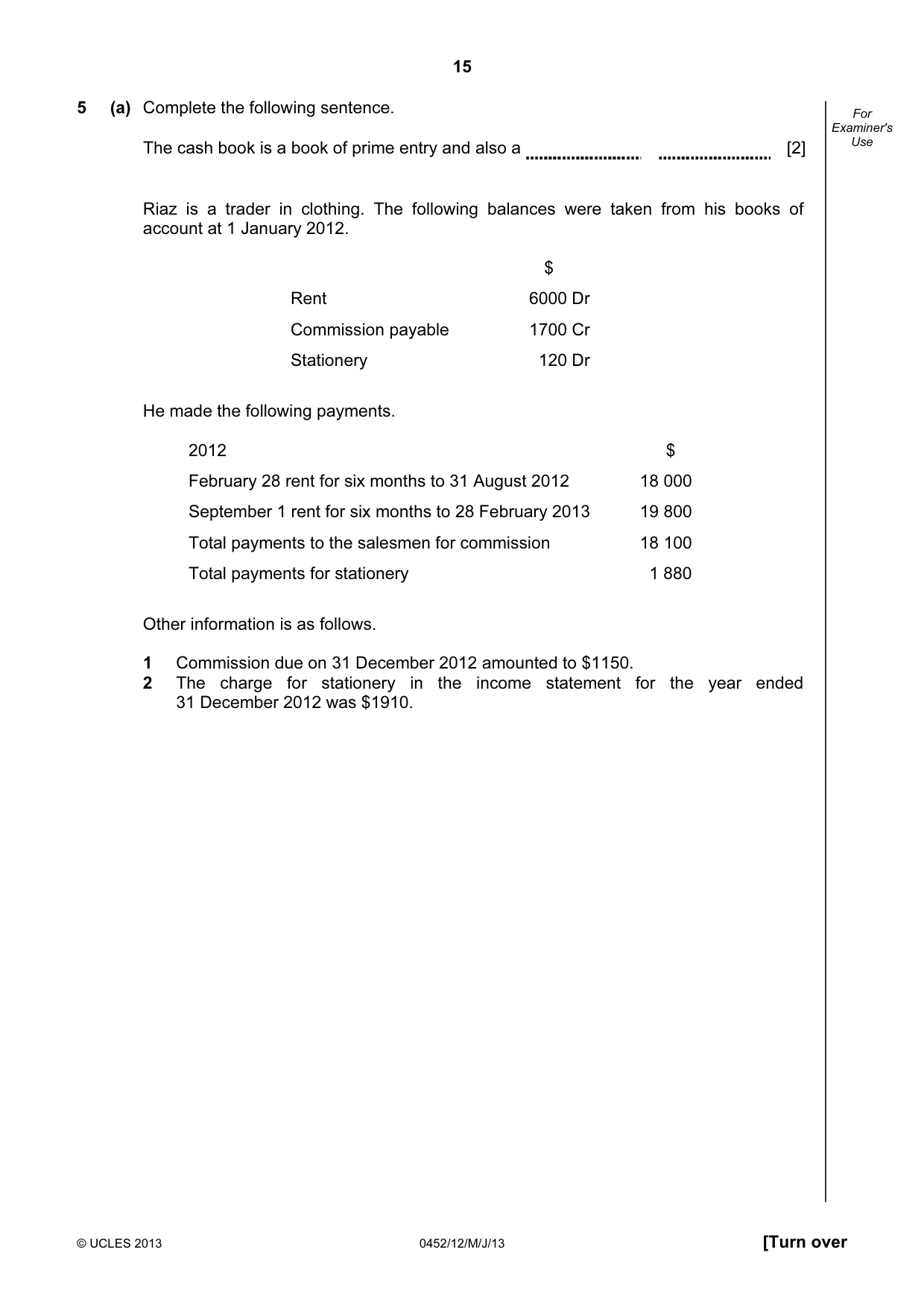Cambridge IGCSE Accounting 0452 2013 May/June Paper 1 · Variant 2 question paper, page 15 of 20