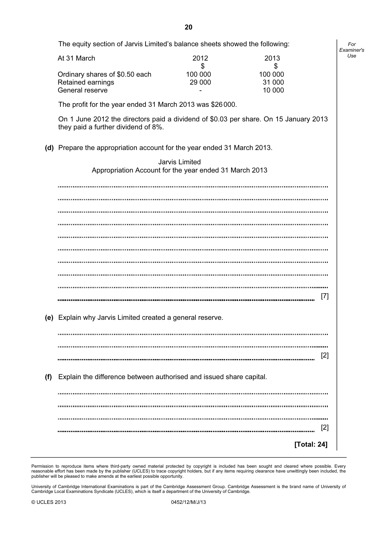 Cambridge IGCSE Accounting 0452 2013 May/June Paper 1 · Variant 2 question paper, page 20 of 20