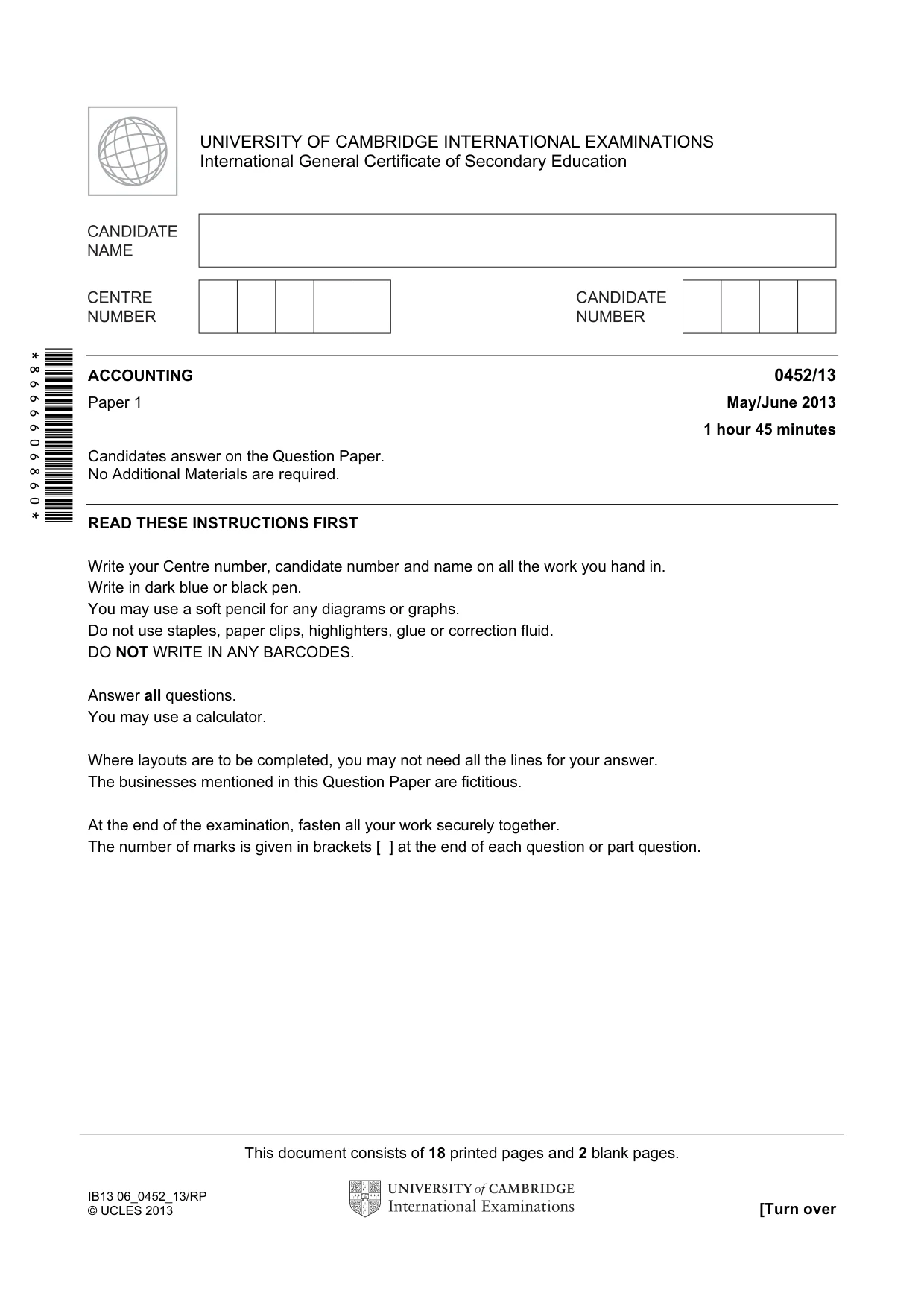 Cambridge IGCSE Accounting 0452 2013 May/June Paper 1 · Variant 3 question paper, page 1 of 20