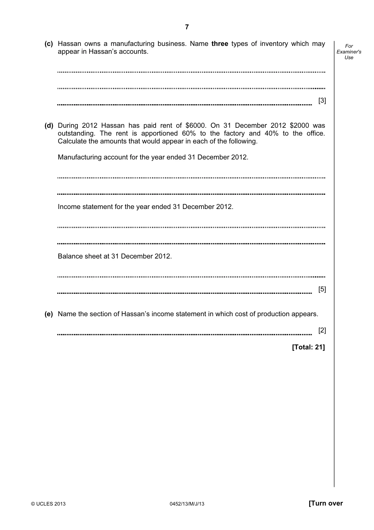 Cambridge IGCSE Accounting 0452 2013 May/June Paper 1 · Variant 3 question paper, page 7 of 20