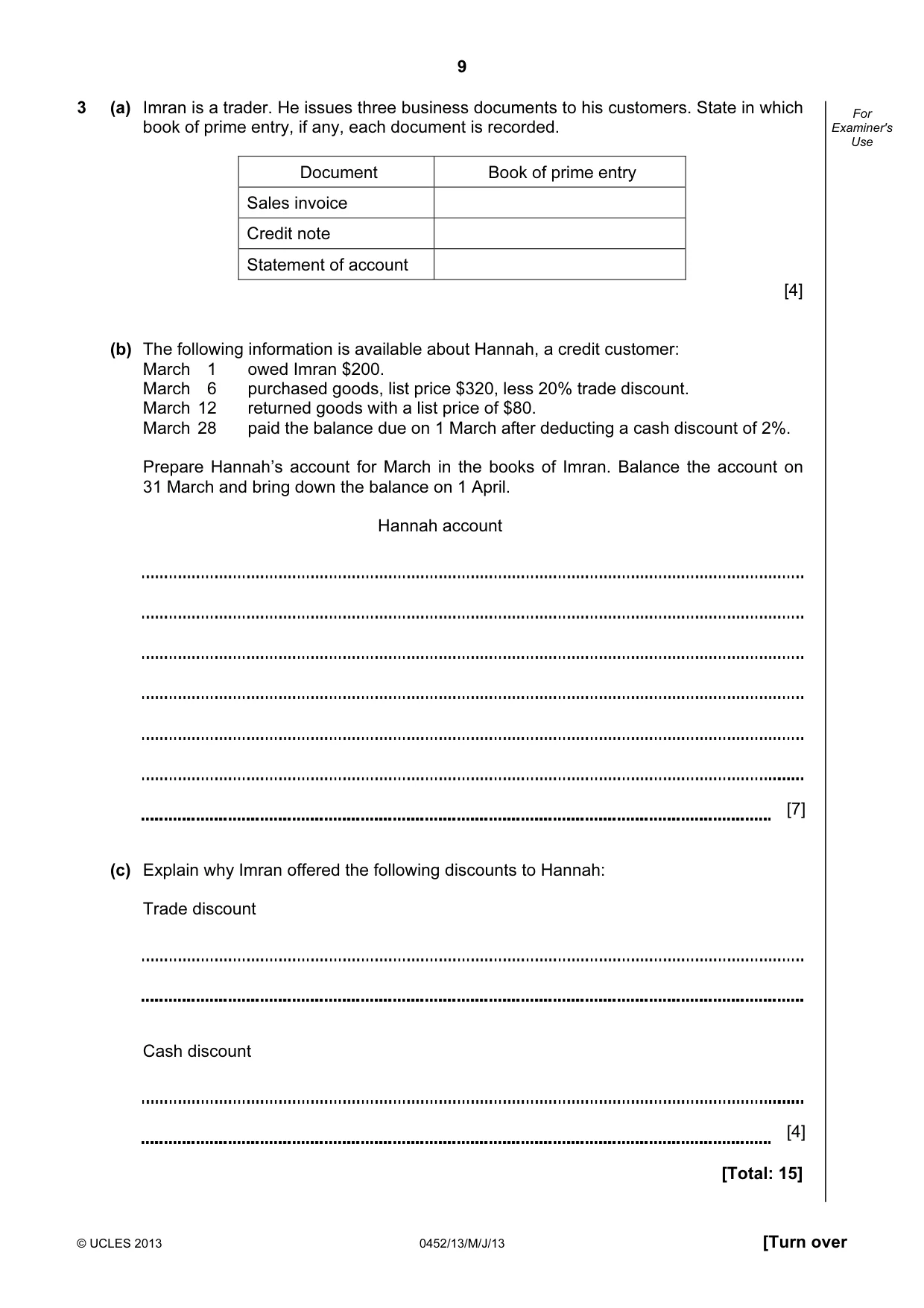 Cambridge IGCSE Accounting 0452 2013 May/June Paper 1 · Variant 3 question paper, page 9 of 20