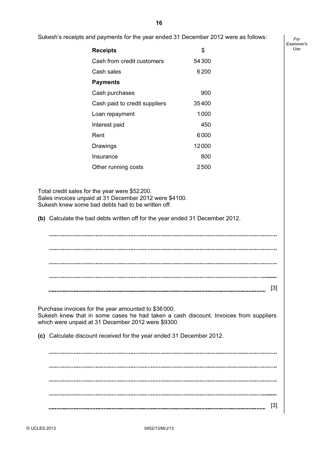 Cambridge IGCSE Accounting 0452 2013 May/June Paper 1 · Variant 3 question paper, page 16 of 20